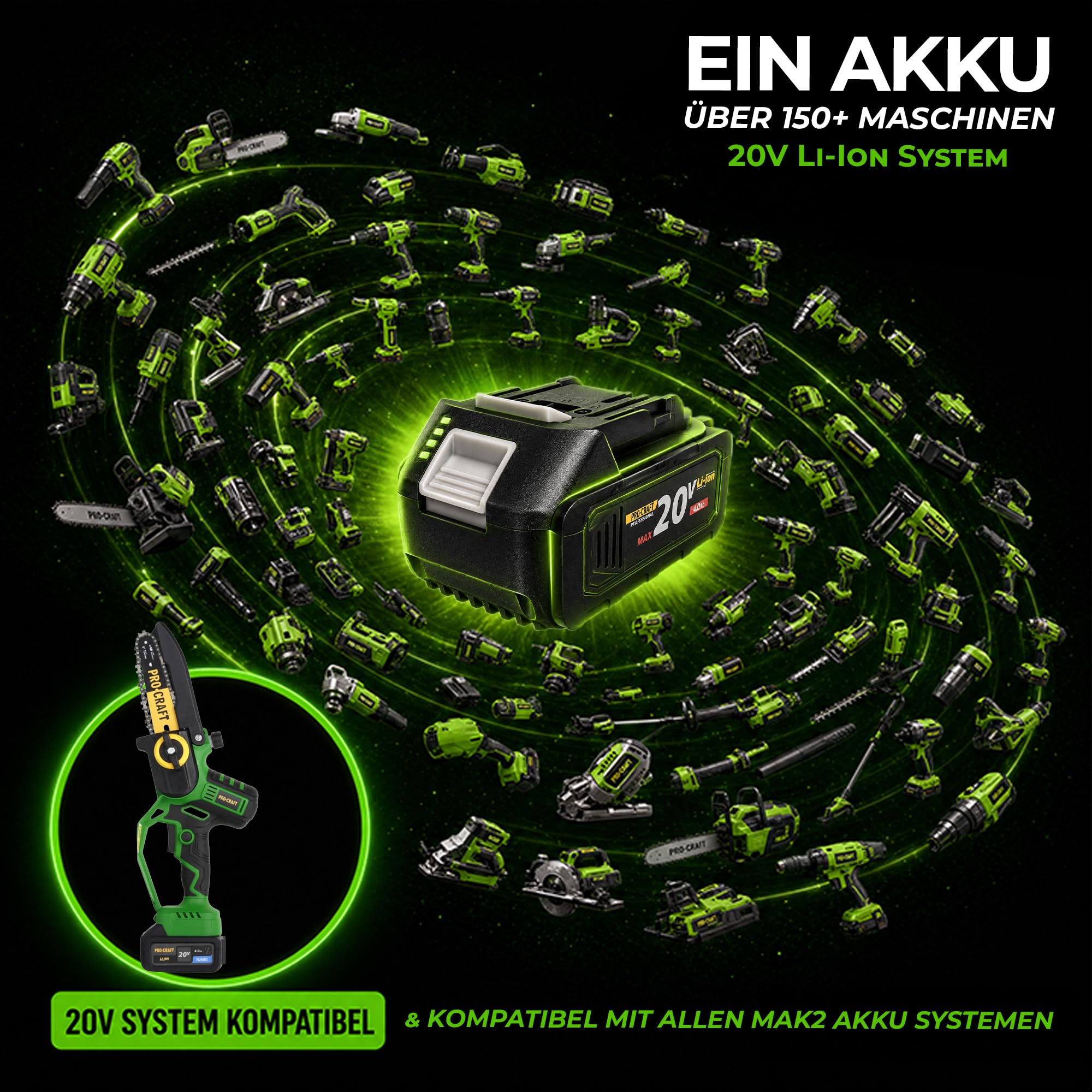 Procraft PKA32Li akumulatorowa piła łańcuchowa 20 V 203 mm bezszczotkowa + 1 x akumulator 4,0 Ah + ładowarka + walizka