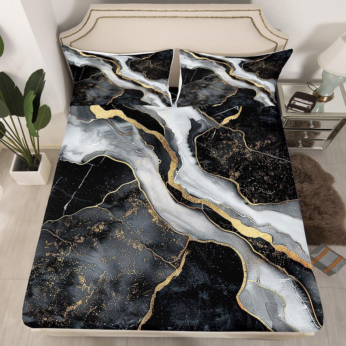 Feelyou Black and Gold Marble Bed Sheet Set Golden Cracked Lines Fitted Sheet for Kids Boys Girls Teens Decor Grey White Marble Texture Bedding Set Modern Luxury Bed Cover Queen Size 4Pcs