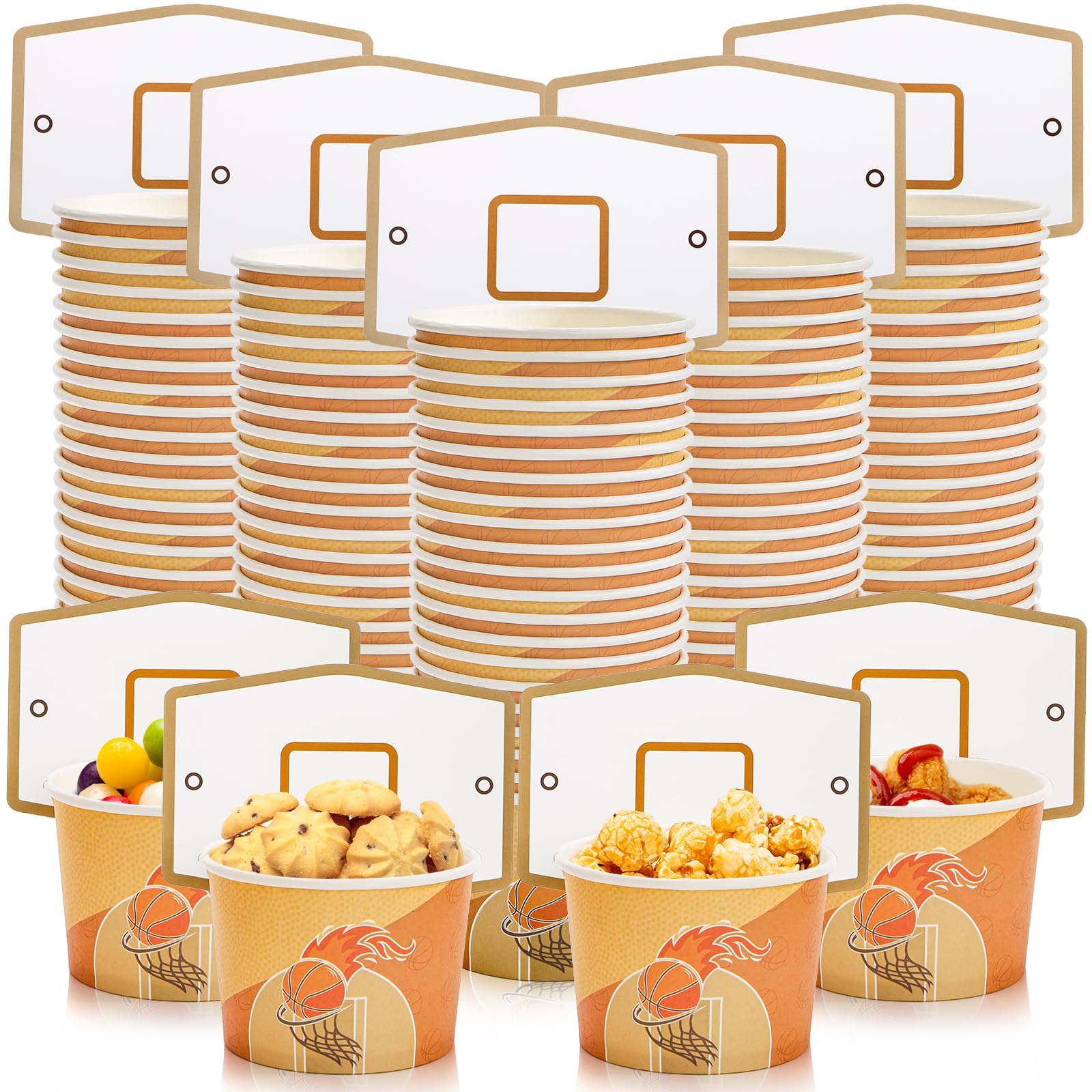 Jucoan 100 Pack Basketball Hoop Snack Cups, 8 oz Paper Basketball Party Supplies Food Treat Cups Ice Cream Dessert Bowls for Kids Birthday Basketball Party Decorations