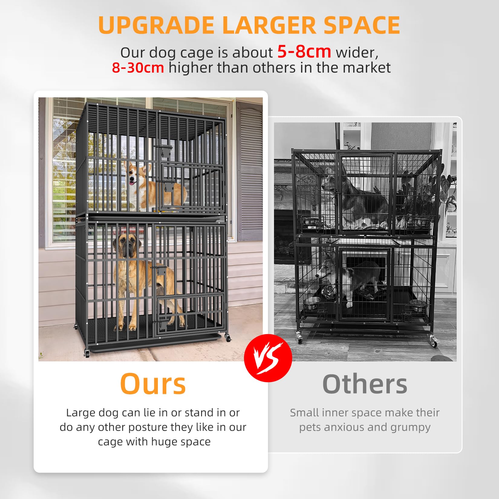 BingoPaw Cage Chien Interieur Solide: Caisse de Transport Double sur Roulette Grande Taille - Cages Deux Niveaux Robuste Extérieur pour Grand Chiens en Métal avec 2 Plateau Amovible 95x57x144.5cm