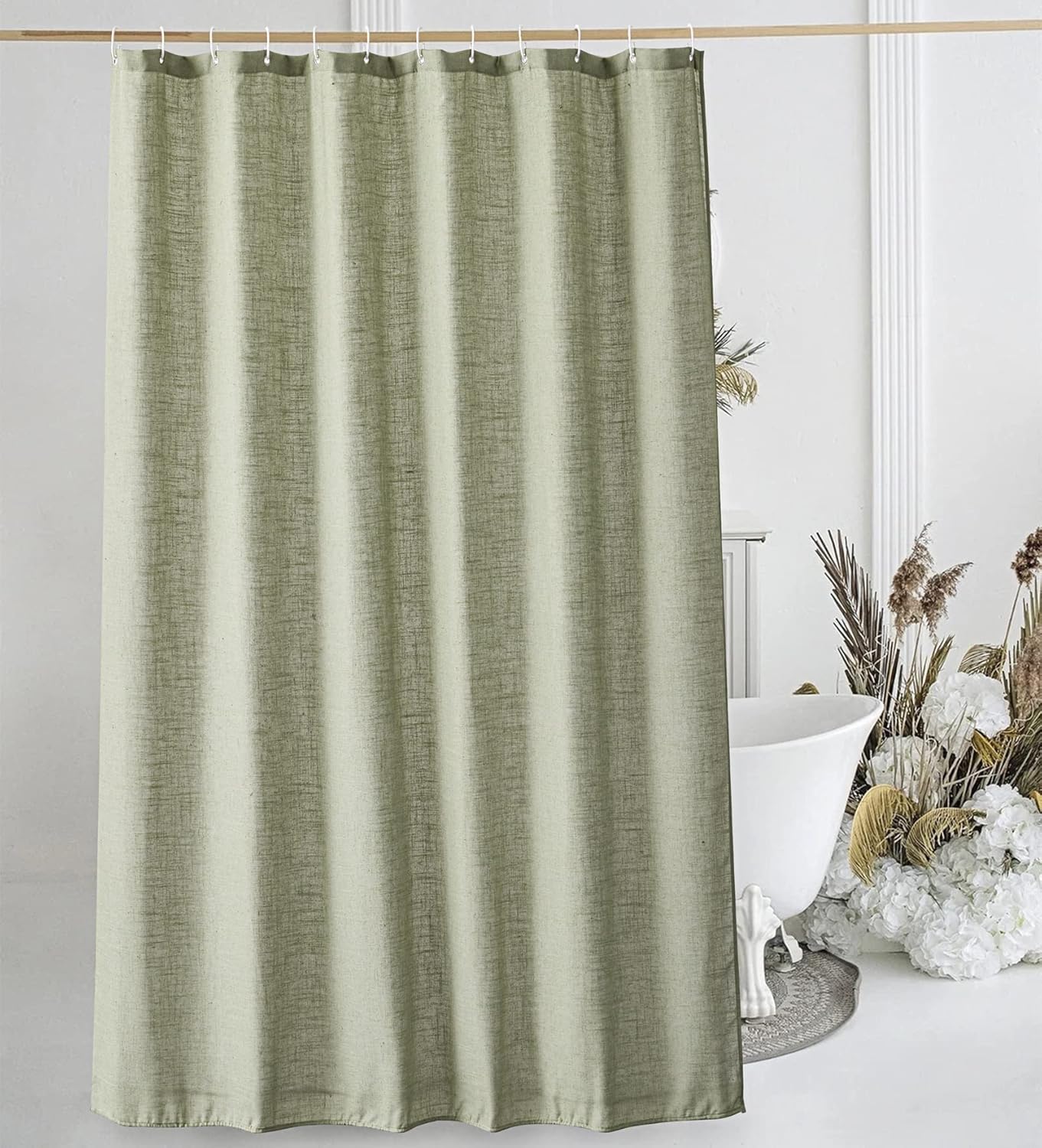 Estmy Sage Green Linen Bathroom Shower Curtain and Fabric