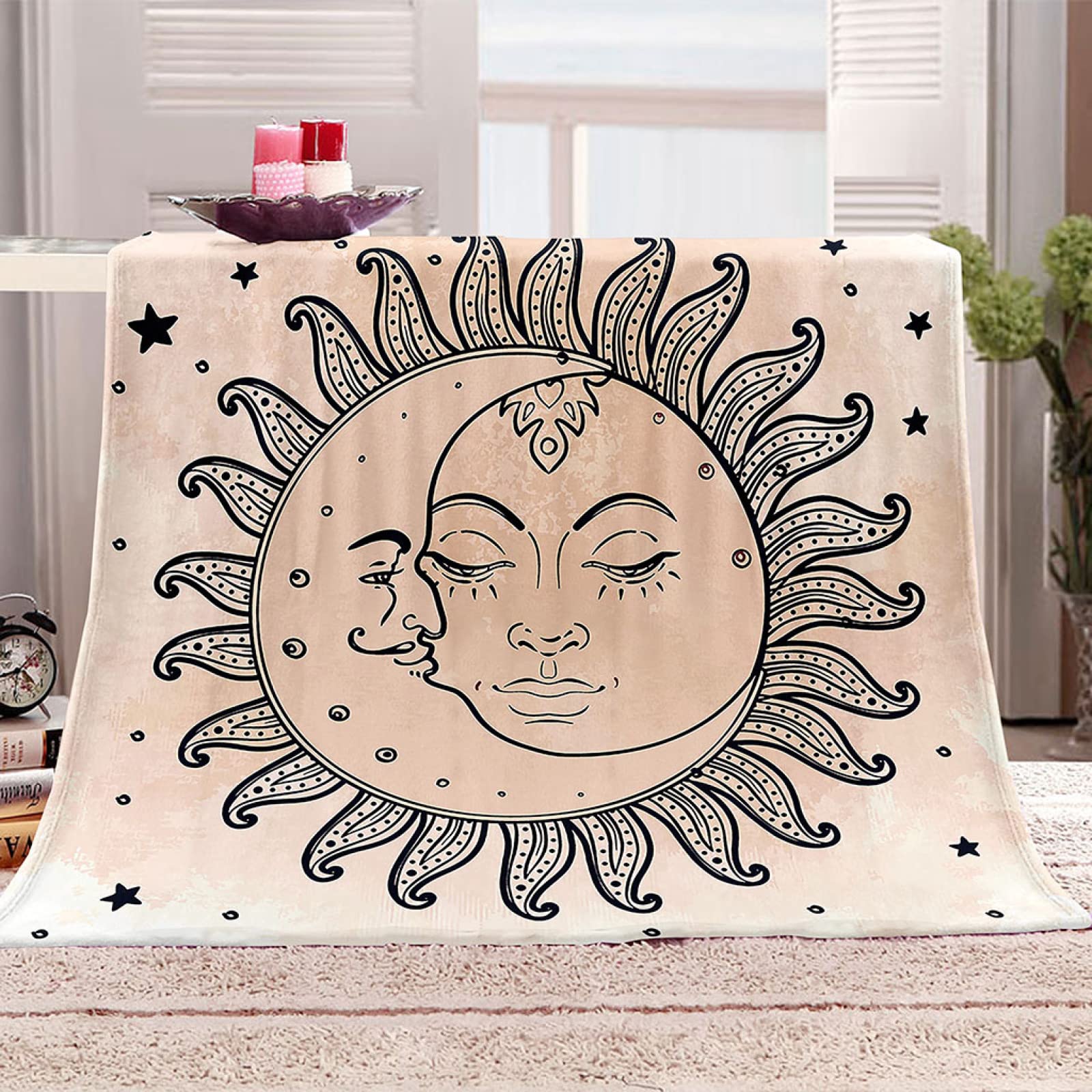 Couverture en flanelle portrait abstrait du soleil 3D plaid polaire doux salon
