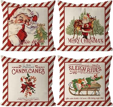 GAGEC Merry Christmas Throw Pillow Covers Candy Canes Elk Santa Claus Sleigh Rides Winter Outdoor Decorations Pillowcase Home Decor 18 x 18 Inch Living Room Cushion Case for Sofa Couch Set of 4
