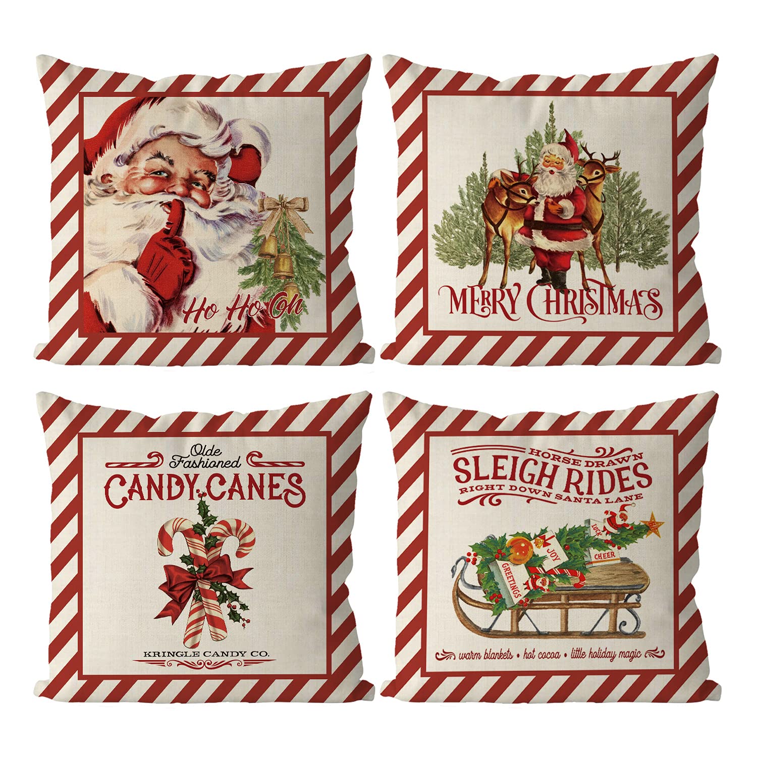 GAGEC Merry Christmas Throw Pillow Covers Candy Canes Elk Santa Claus Sleigh Rides Winter Outdoor Decorations Pillowcase Home Decor 18 x 18 Inch Living Room Cushion Case for Sofa Couch Set of 4