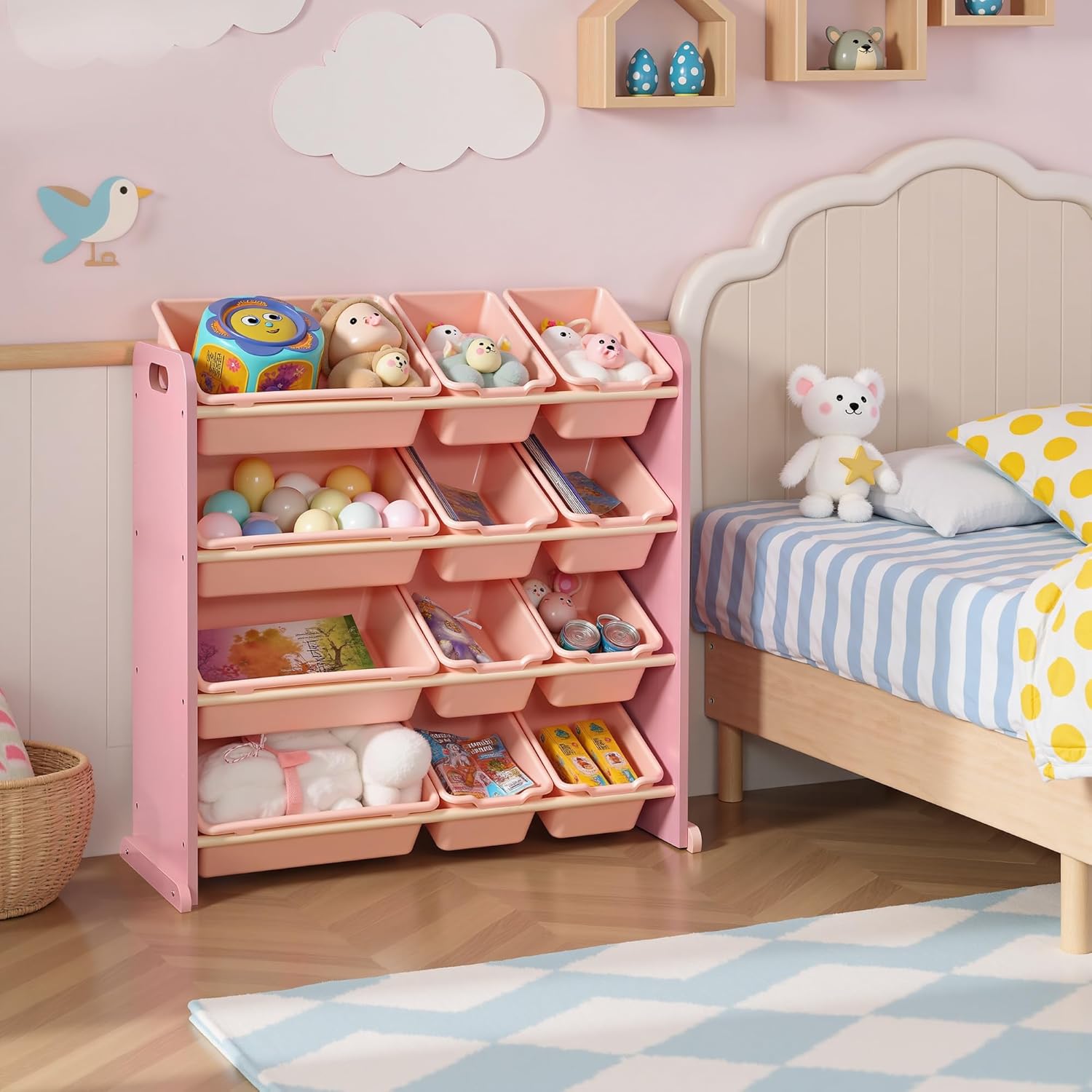 VECELO Large Capacity Kids Toy Storage Organizer with 12 Bins - Wooden Toy Shelf for Toddlers Playroom, Book & Stuffed Animal Rack,Pink