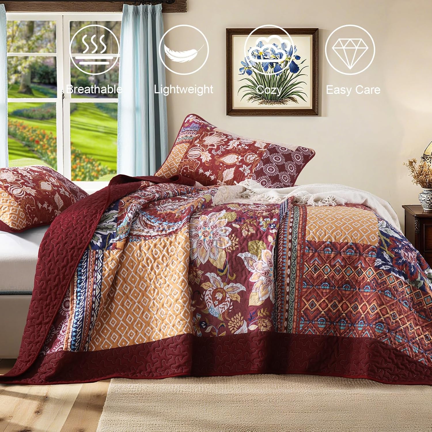 DJY Patchwork Quilt Set King Size Red Bohemian Floral Paisley Quilt Bedding Set, 3 Pieces Boho Burgundy Vintage Bedspread Microfiber Reversible Bedding Coverlet for All Season 110''x90''