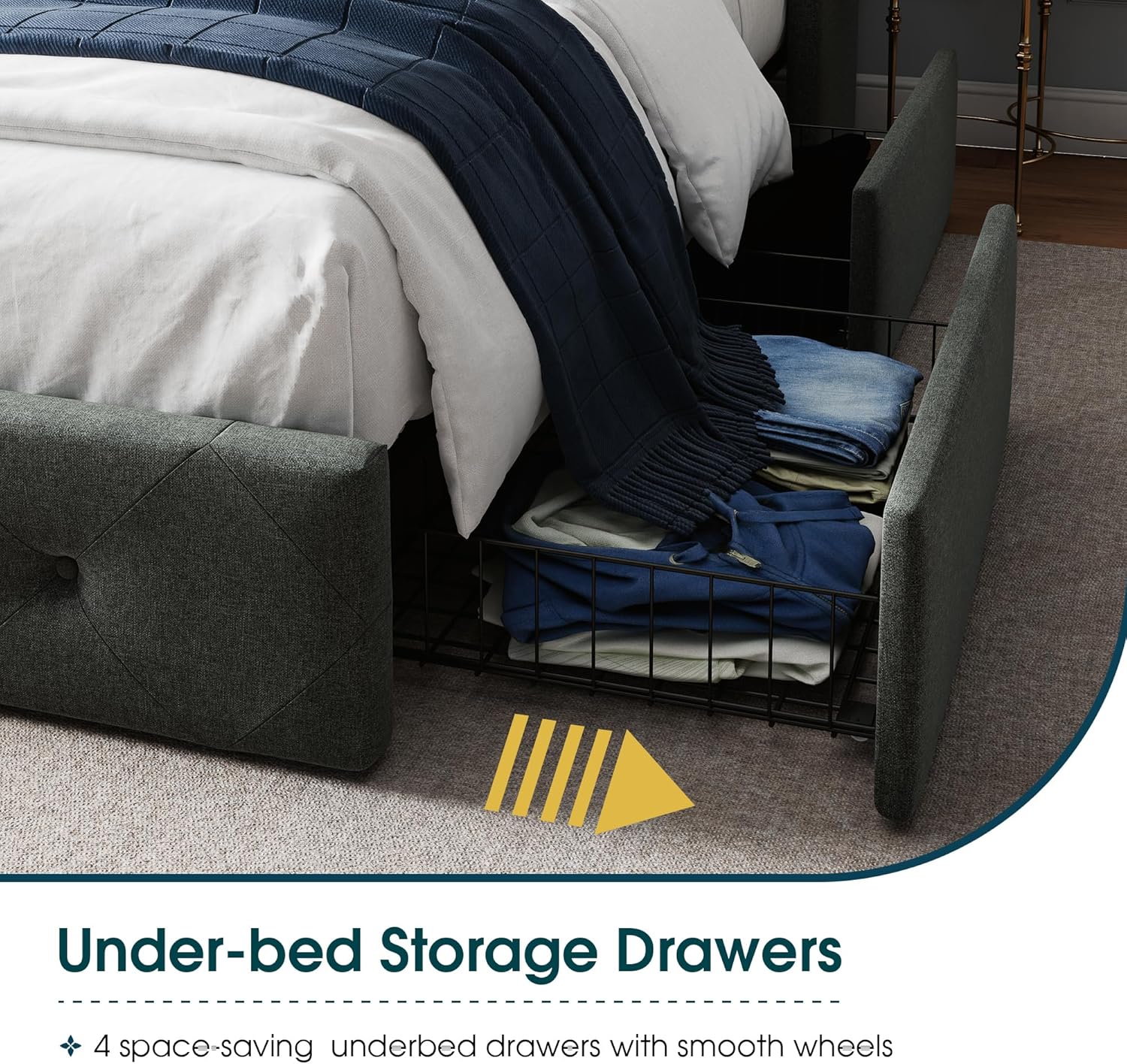 WEEWAY Upholstered King Size Bed Frame with 4 Storage Drawers and Wingback Headboard, Button Tufted Design, No Box Spring Needed, Easy Assembly, Dark Grey