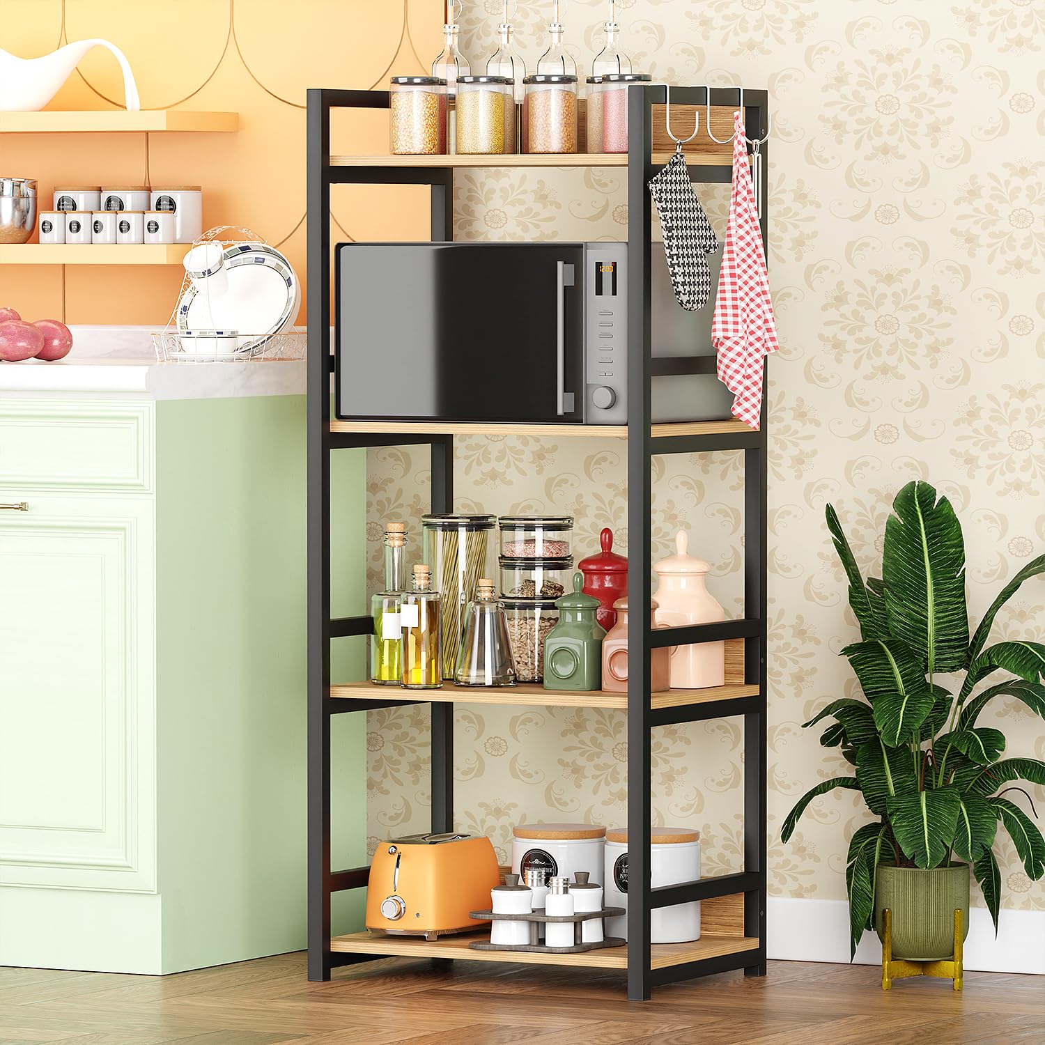 Lukzer 4-Tier Multipurpose Storage Rack – Heavy-Duty Metal & Wood Shelf Organizer with Hooks & Anti-Slip Footpads for Kitchen, Bedroom, Office, Bathroom – DIY Assembly (MKR-004, Black, 130x60x39 cm)