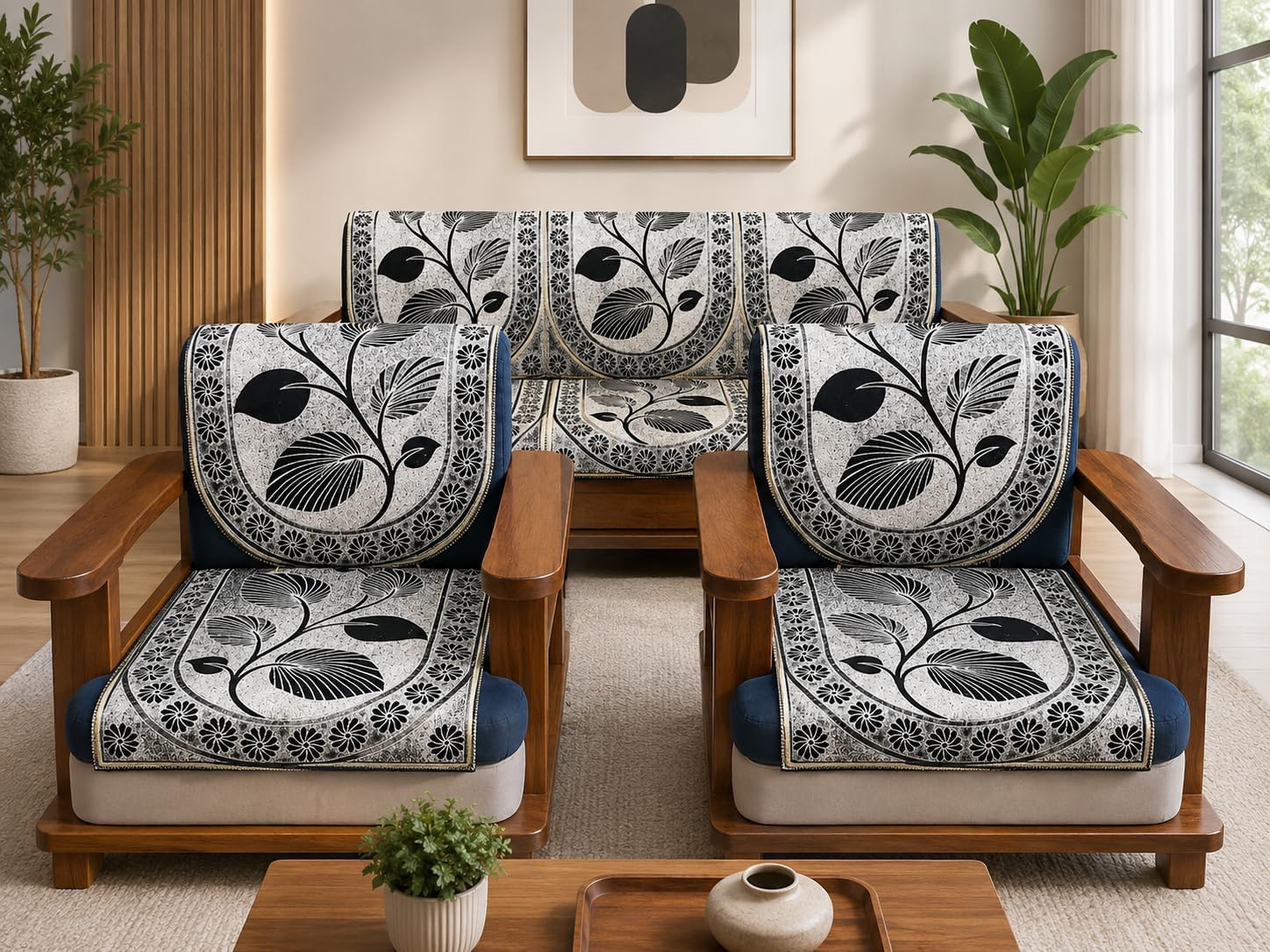 Floral Cotton Sofa Cover Set for 5 Seater Wooden Sofa, Anti-Slip Furniture Protector with Armrest Covers, 3+1+1 Set, Living Room Décor-image-20