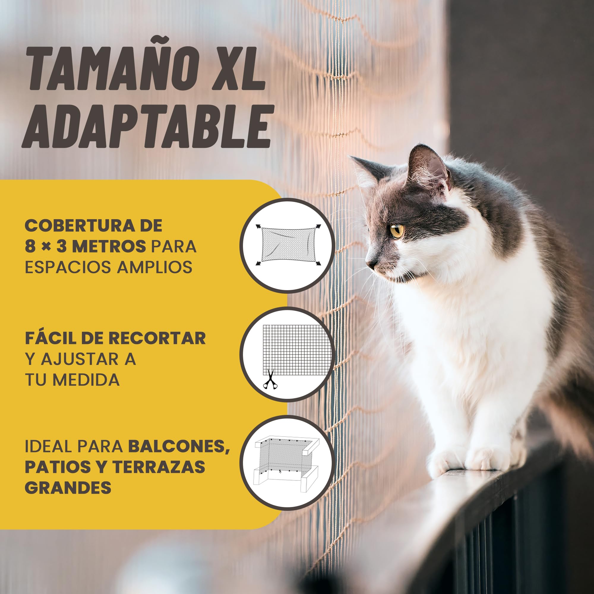 JARAMI - Red para Gatos terraza con Accesorios Incluidos - Red para Gatos Reforzada 8x3m - Malla Resistente y Duradera para Balcón, Terraza y Ventana - Malla Protectora Balcon.