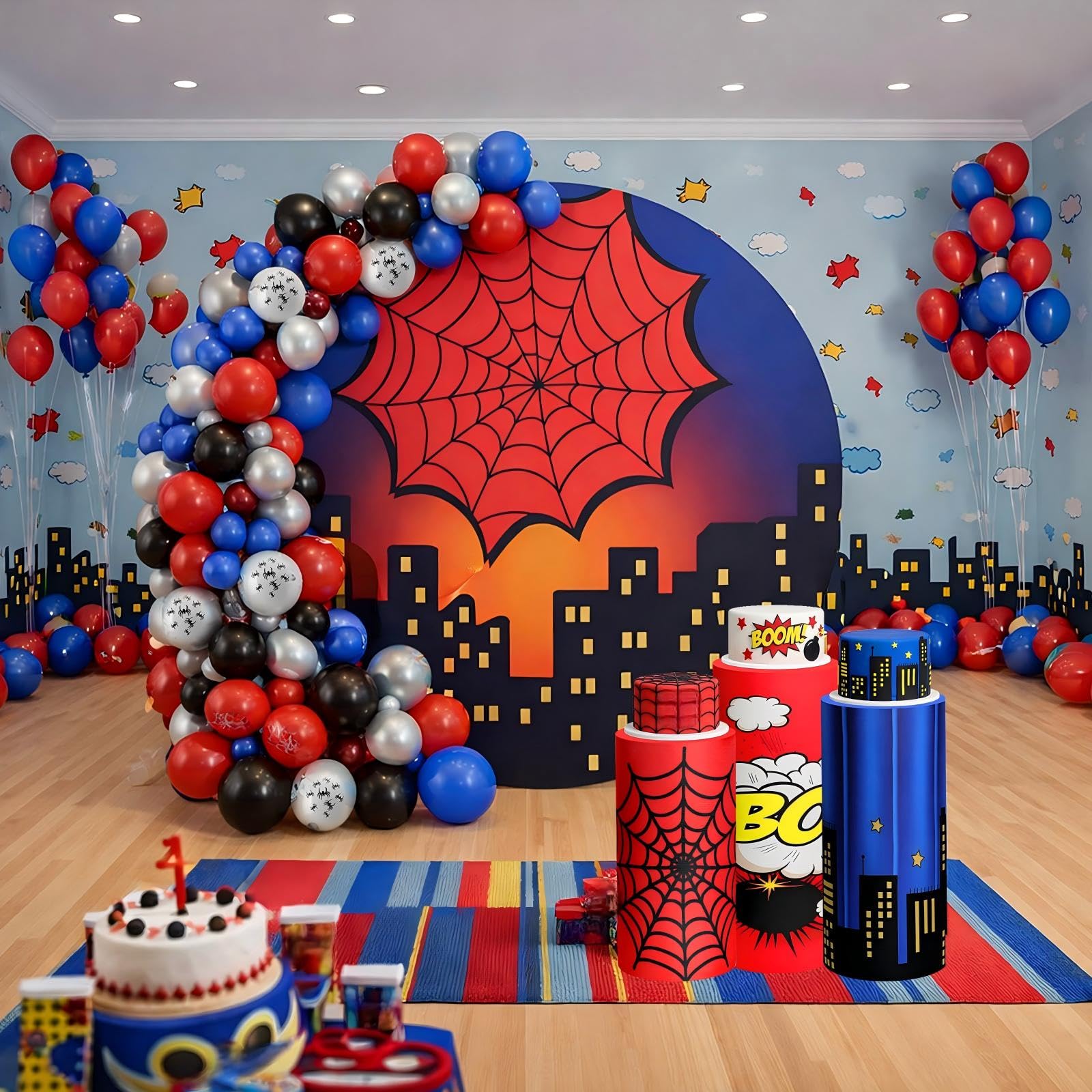 Photo 1 of 146 Pcs Spiderweb Party Decorations Kit, 7.2 ft Round Arch Backdrop Cover Black Red Blue Cylinder Stand Covers with Balloons for Birthday Spider Theme Party Backdrop Decorations