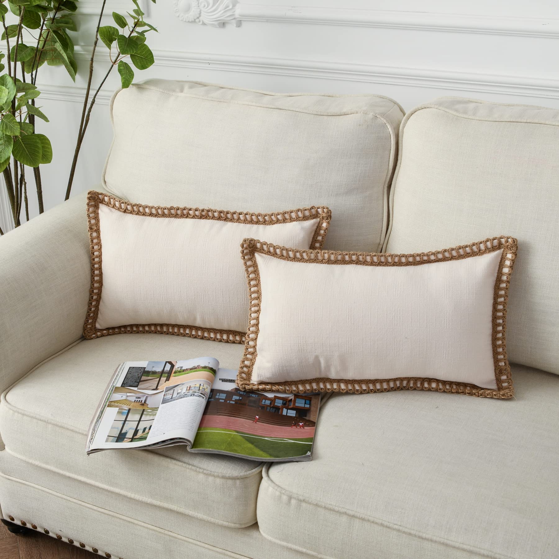 LIGICKY Pack of 2 Farmhouse Decorative Lumbar Throw Pillow Covers Burlap Linen Trimmed Tailored Edges Rectangle Pillowcases for Couch Sofa Bed Living