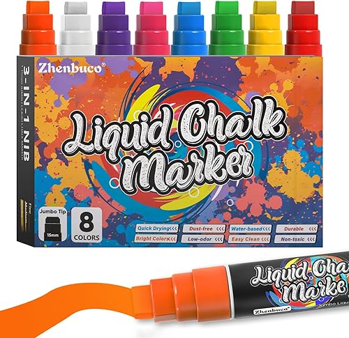 Marcadores de ventana lavables para vidrio, 8 colores vibrantes, puntas anchas gruesas 3 en 1 de 0.591 in, marcador de tiza líquida jumbo para