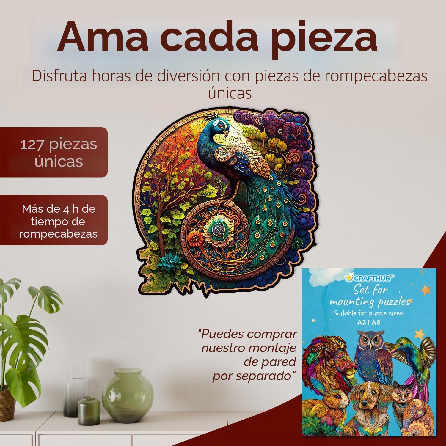 Crafthub Puzzle de Madera de Animales – A3 Animal Rompecabezas para Adultos – Pavo Real – Formas de Rompecabezas únicas – 127 Piezas – 26.9cm x 27.3cm