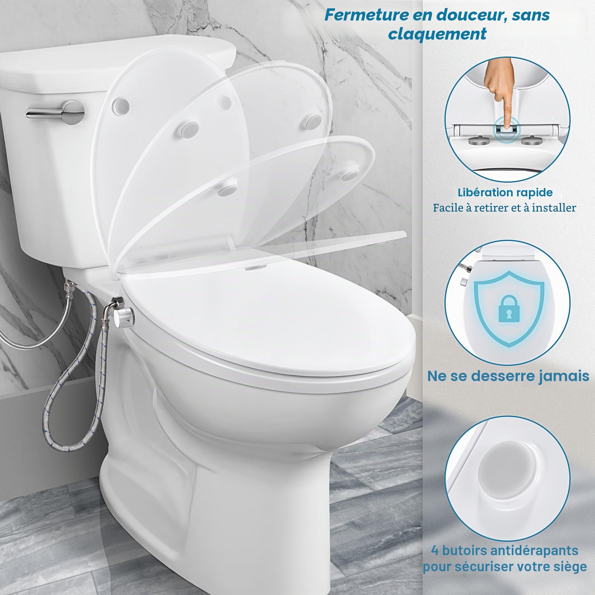 SAMODRA Siège de toilette bidet - Embout de douche WC Bidet Toilette japonaise - Siège de WC avec fermeture automatique - Embout de bidet non électrique à double buse auto-nettoyante