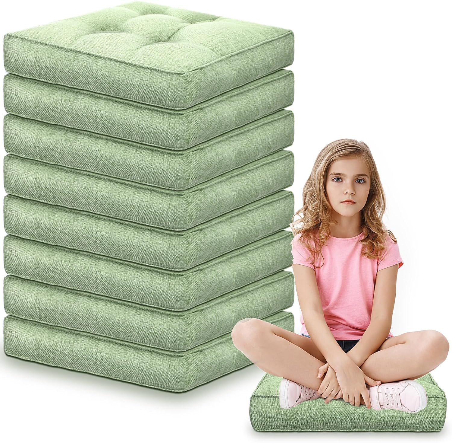 Fumete 4 Pcs Square Floor Pillows for Kids and Adult 16''x16'' Flexible Seating Floor Cushion for Classroom Multicolor Meditation Cushions for Home Daycare Preschool Yoga Meditation (Green)