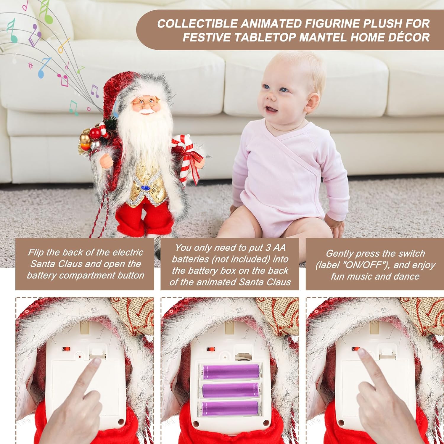 14 Inch Animated Musical Santa Claus Figurine Christmas Collectible Decoration Moving Head Hands with Christmas music Songs, Collectible Animated Figurine Plush for Festive Tabletop Mantel Home Décor - Image 6