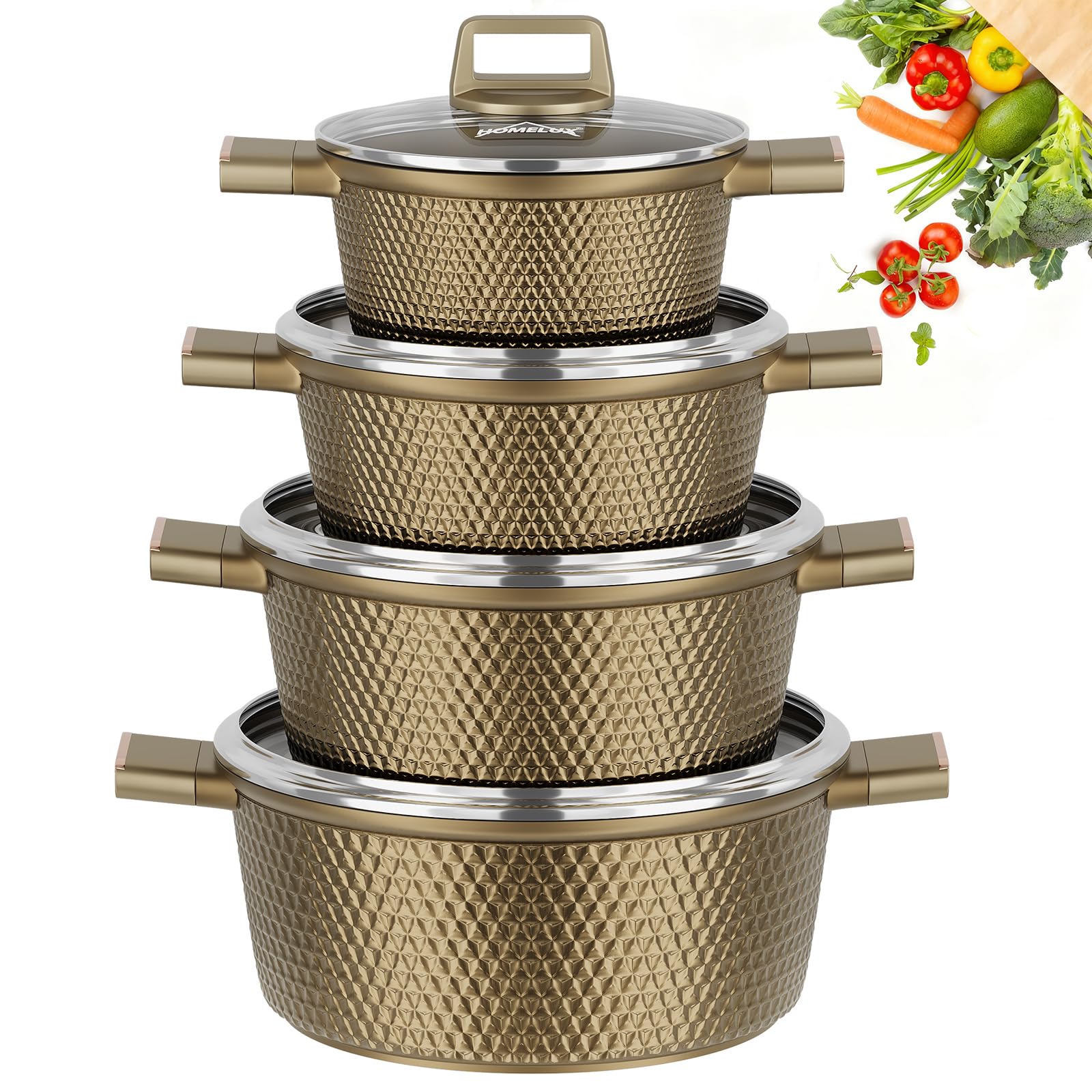 HOMELUX Topfset Induktion 8-teilig, Kochtopf Set mit Glasdeckel | 20/24/28/32cm Aluminiumguss, Antihaftbeschichtet, für Alle Herdarten, PFOA/PFOS-frei, Facettenoptik & Braun