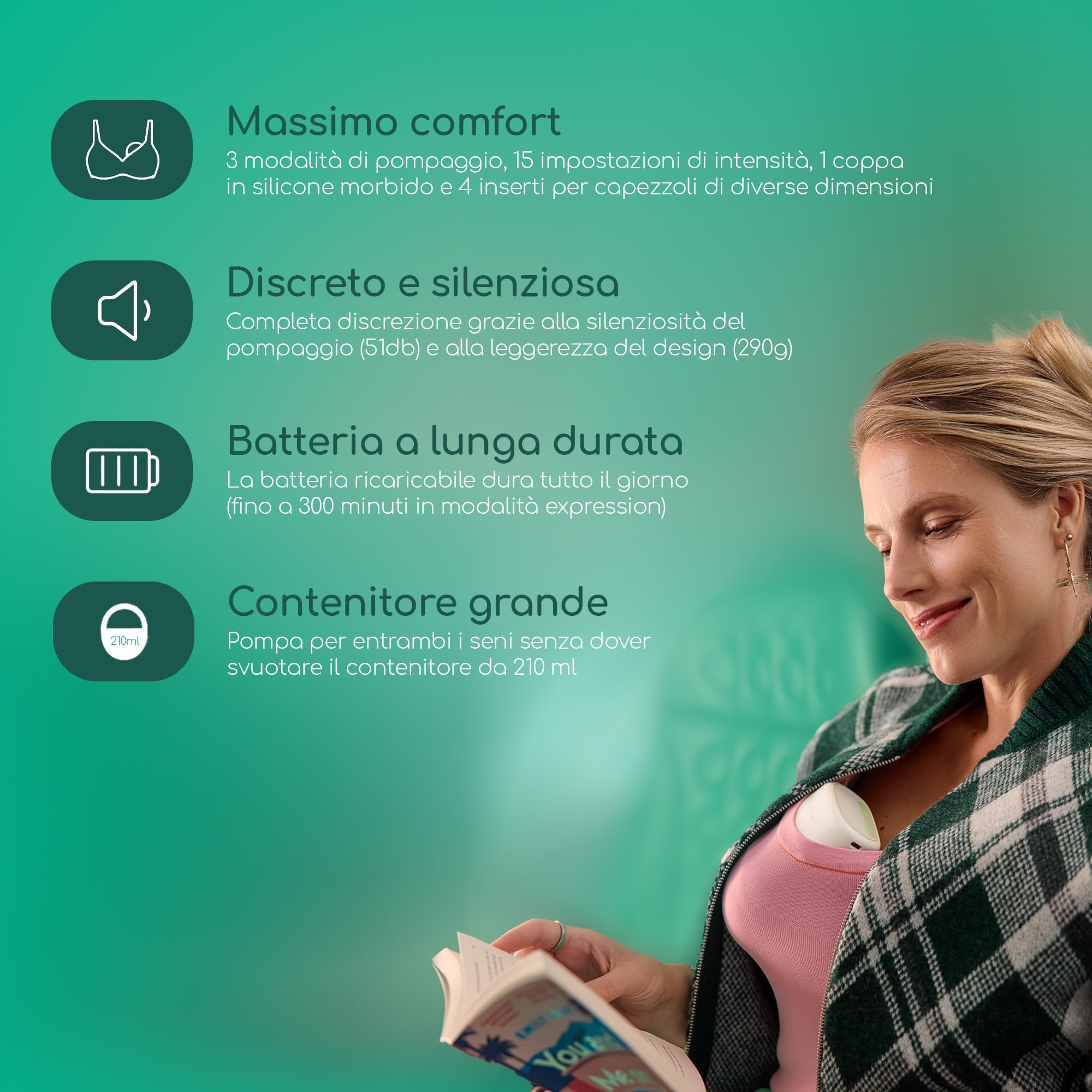 Bebeconfort Discreet Tiralatte Elettrico Indossabile, Tiralatte Portatile Elettrico, 3 Modalità, 15 Intensità, Batteria a Lunga Durata, Contenitore Grande da 210 ML
