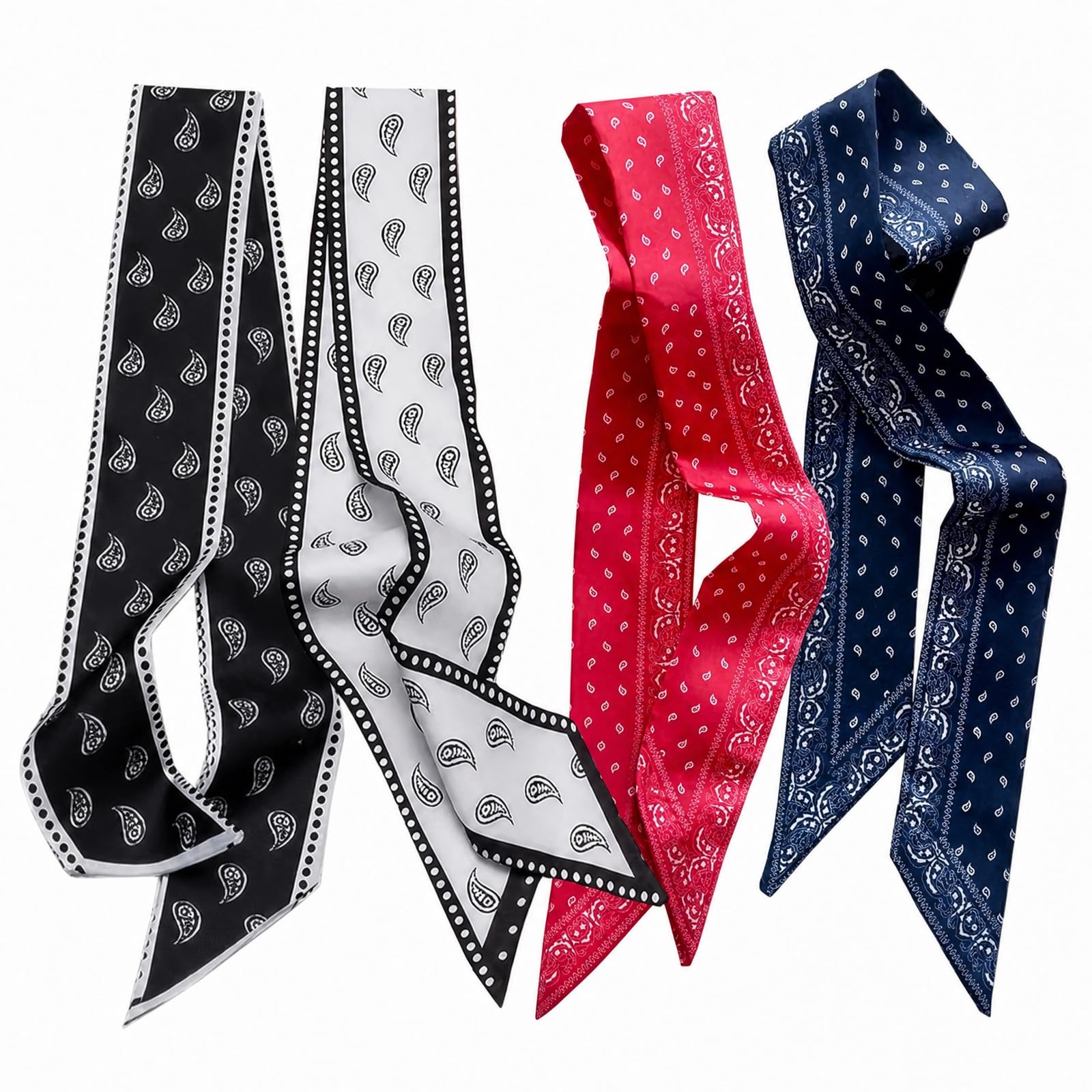 bharatbazaar 4-Piece Skinny Hair Scarf for Women, Venezuela Purse Scarf Set | Red White and Blue Patriotic Purse Scarf, Paisley Polyester Ribbon-picture-7