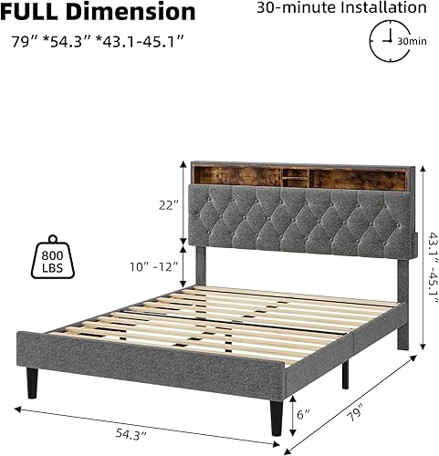 Base de cama de tamaño matrimonial con estación de carga, plataforma tapizada con estante de almacenamiento de 4.8 pulgadas y cabecera ajustable, disponible en Yaxa Colombia