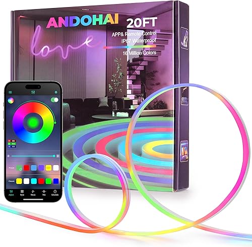 Cuerda de luces LED de neón de 20 pies, control de luces LED flexible con aplicacióncontrol remoto, IP67 para exteriores RGB que cambia de color,