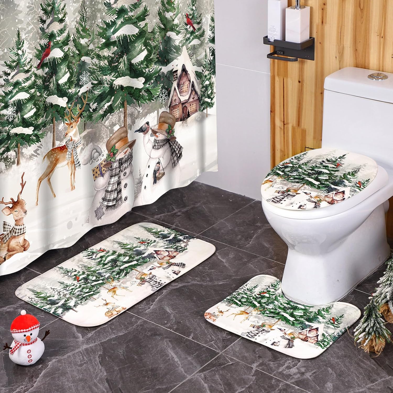 4 Pcs Christmas Shower Curtain Set for Bathroom Farmhouse Winter Vintage Shower Curtain with 12 Hook Rustic Bathroom Non Slip Rug Toilet Lid Cover, 70.8 x 70.8'' Waterproof(Forest Style)