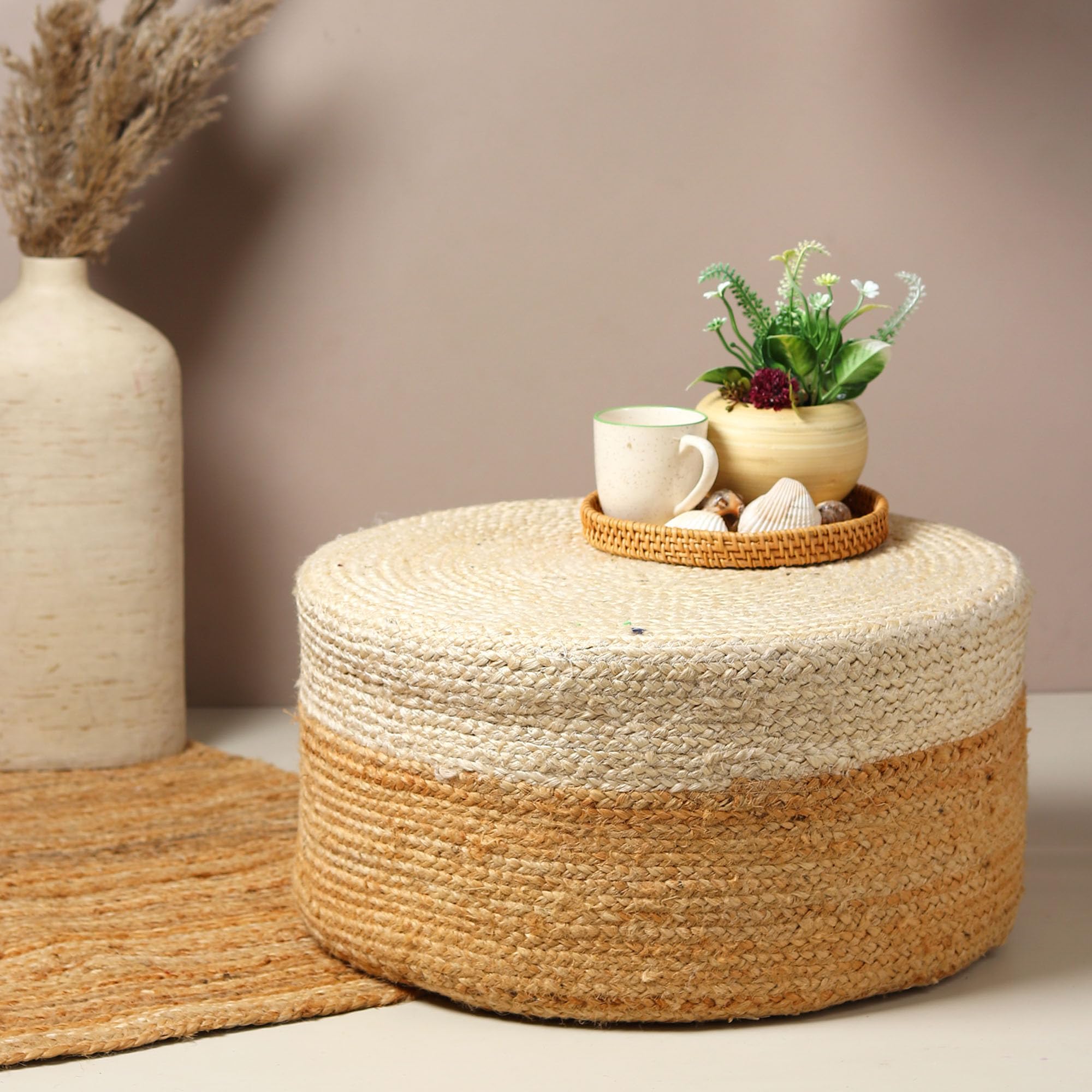 Habere India-All the Cultures Fabricating India Ottomans for Living Room | pouffe Stool | Ottoman Stool | Jute pouffes for Sitting - White, Round (S: Dia45xH30 CM)-image-24