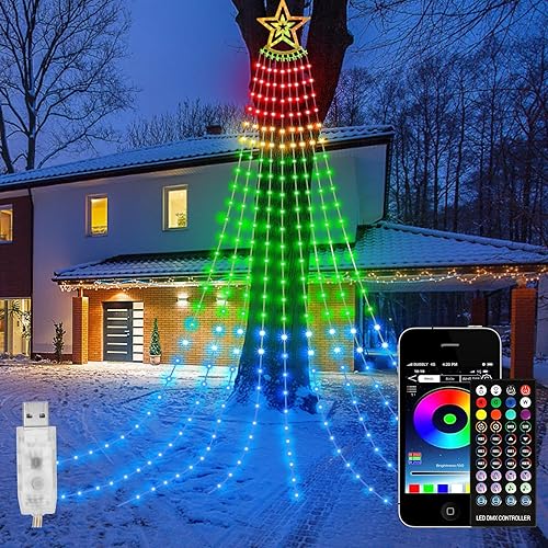 305 luces LED de 4 de julio con forma de cascada de estrellas para exteriores con control remoto y aplicación, 10 pies RGB que cambian de color