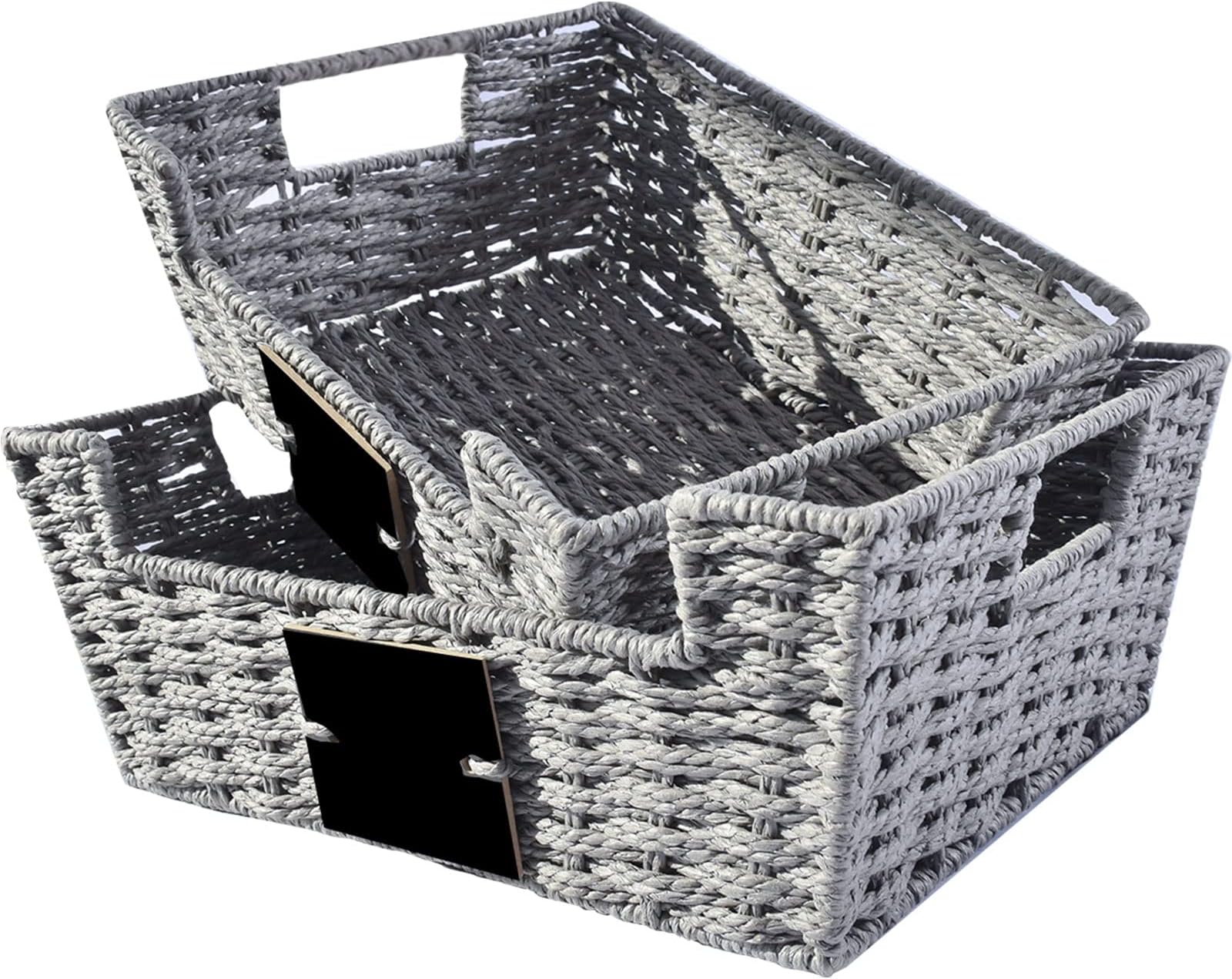 OUTBROS Storage Box Hand-Woven Wicker Storage Baskets, Multipurpose Open-Front Bin, Shelf Nesting Baskets, Desktop Makeup Organizer Container with Built-In Carry Handles, Paper Rope, Grey