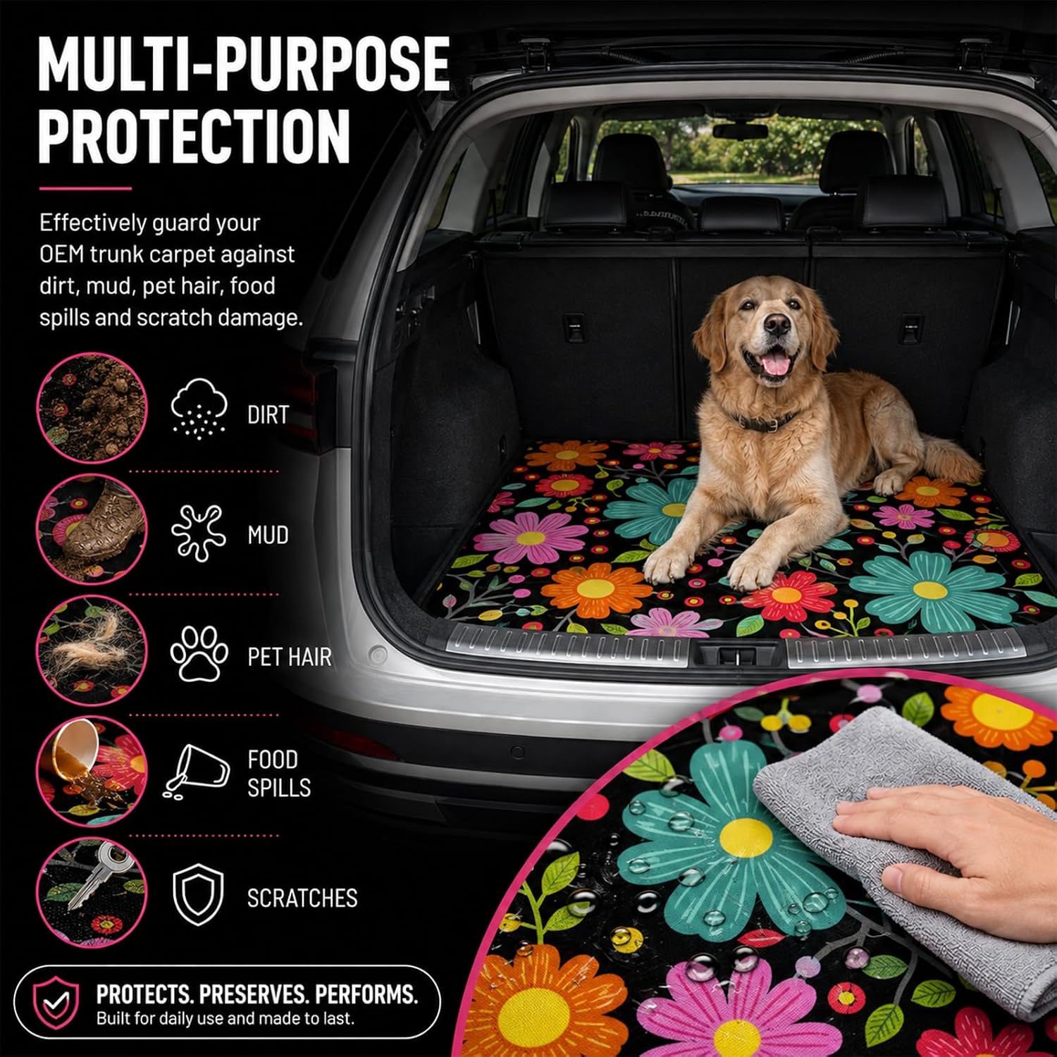 39"x29" Multicolored Flowers Patterns Car Trunk Mat,Universal Trunk Liner image 3