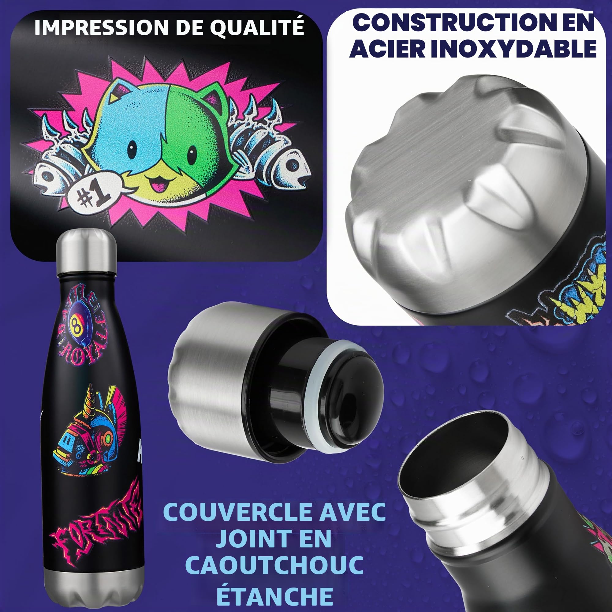 Fortnite Gourde Isotherme 500ml Ado et Adulte, Bouteille Isotherme en Acier Inoxydable Double Paroi 24h Chaud Froid Sans BPA, Écologique, Cadeau Gamer (Noir Fortnite)