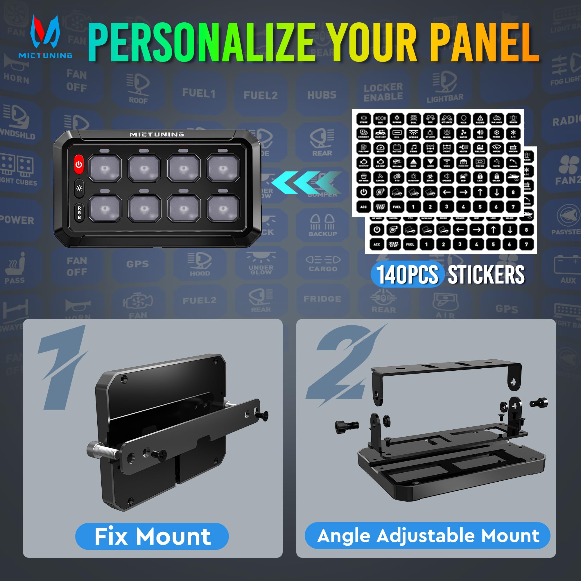MICTUNING RGB 8-biegowy panel przełączników z systemem przekaźników, wielofunkcyjny przełącznik kołyskowy, chwilowe przełączanie, sterowanie do samochodów ciężarowych, SUV-ów, łodzi terenowych