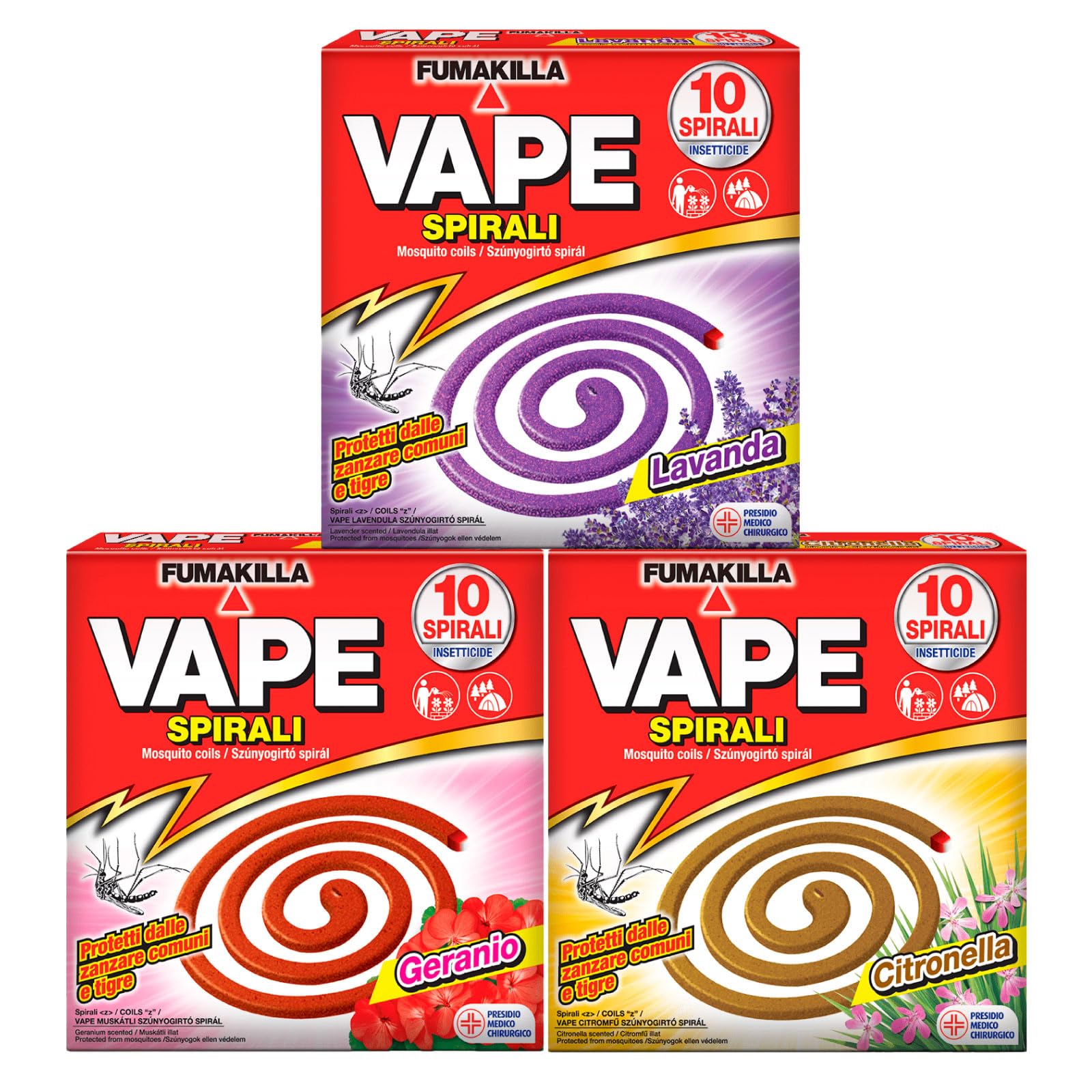 3x Vape Spirali Profumate Lavanda Geranio e Citronella Repellente Antizanzara contro Zanzare Comuni e Tigre Presidio Medico Chirurgico - 30 Spirali Profumazioni Assortite