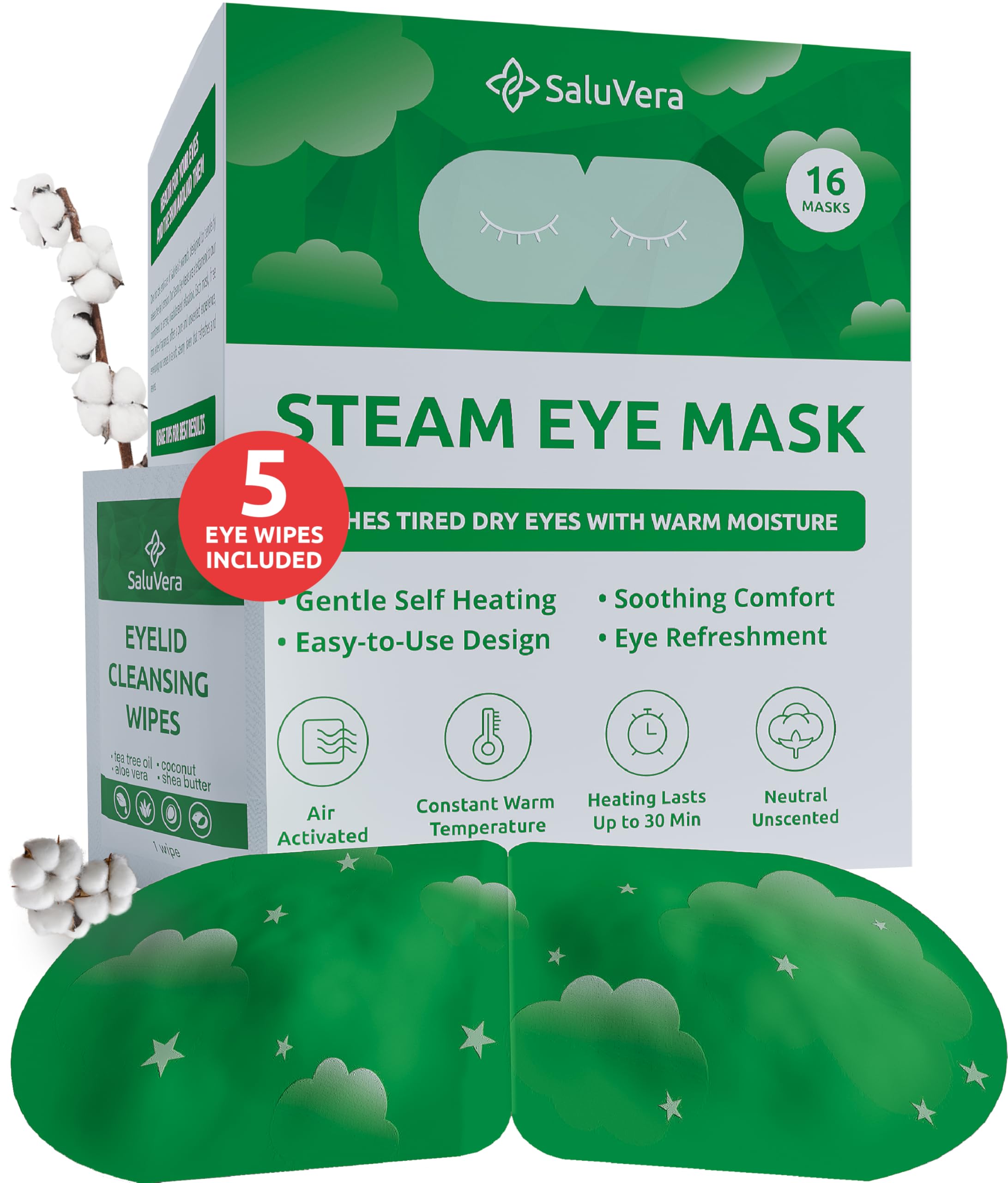 SaluVera Steam Eye Mask for Dry Eyes with 5 Eyelid Cleansing Wipes, Self Heating Eye Compress for Dry Eyes, Soothe and Relax with 40-50 min Spa Eye