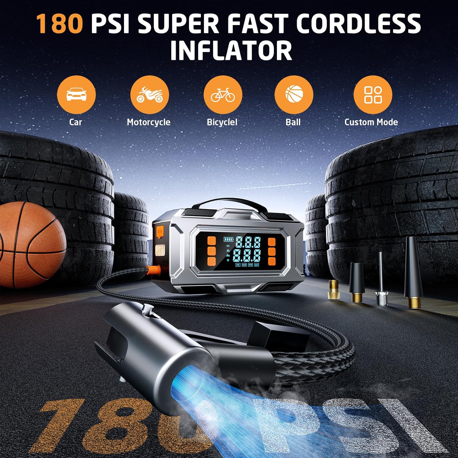 Jump Starter with Air Compressor, 8000A Car Battery Jump Starter (9.0 Gas/8.0L Diesel), 180PSI Car Battery Jumper Starter Portable 12V Jump Box with Jumper Cables, LED Light, Power Bank, LCD Display - Image 3