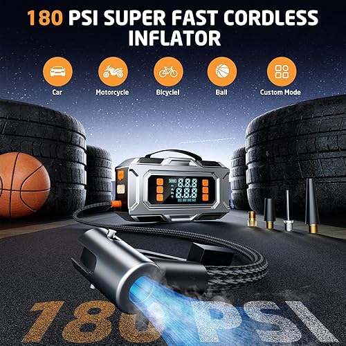 Miniatura 3 de Arrancador con compresor de aire, batería de coche de 8000 A (9.0 gas/8.0L diesel), batería de coche de 180 PSI, caja de salto portátil de 12 V