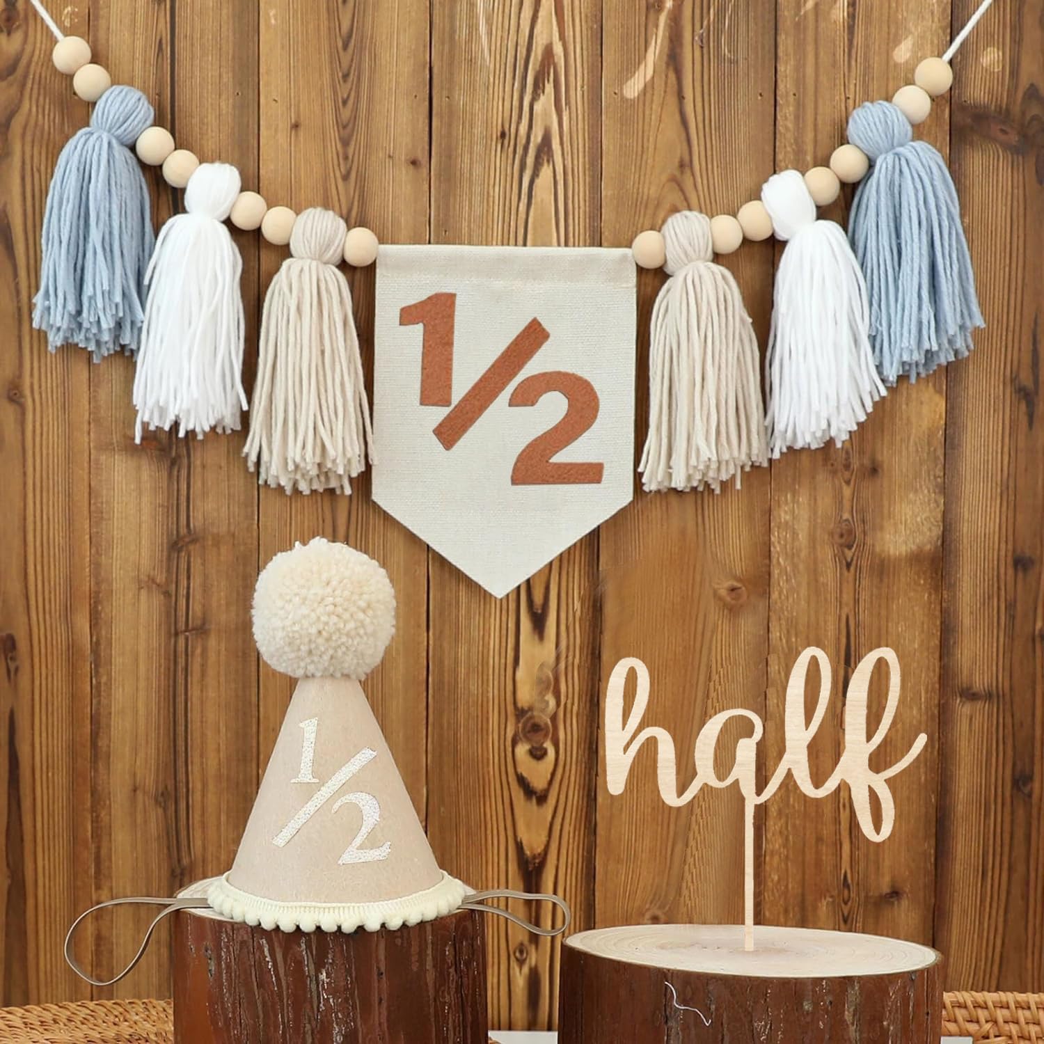 6 Months Half Birthday Decorations for Boys - High Chair Banner with 1/2 Birthday Tassel Highchair Garland, Handmade Highchair Banner Half Birthdays Crown Hat & Cake Toppers Set
