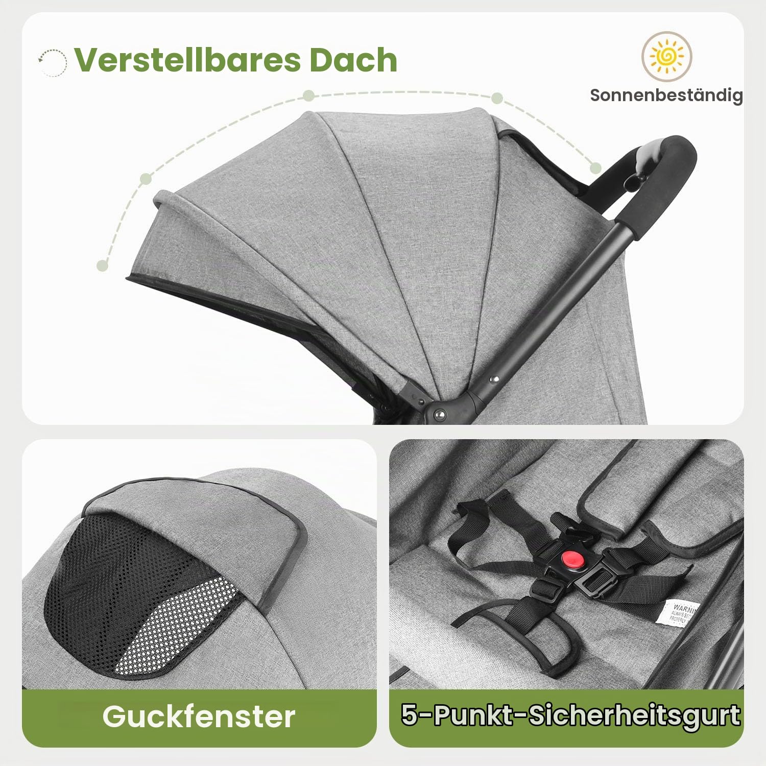 Faltbar Kinder-Buggy Kinderwagen, Regulierbarer 5-Punkt-Sicherheitsgurt, Zusammenklappen mit einer Hand, großes Verdeck, Robuster alle 4 Räder gedämpft, geräumige Sitz, Einkaufskorb (Grau)