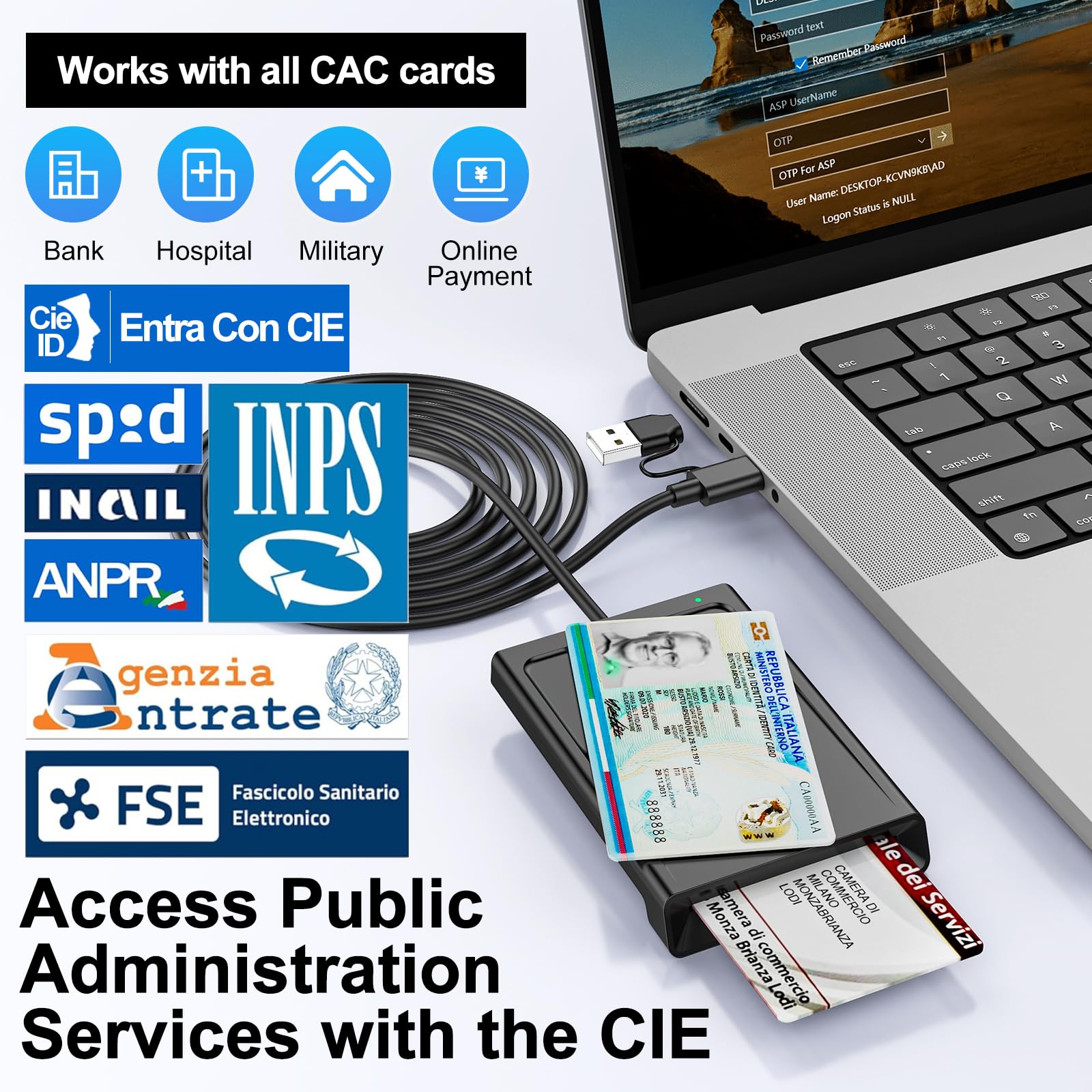 Lettore CIE 3.0 Carta d'Identità e Tessera Sanitaria,USB-A + USB-C Lettore Smart Card Firma Digitale,Lettore Carta Identita Elettronica Contatto e Contactless CIE/CRS/CNS Smart Card NFC per Windows