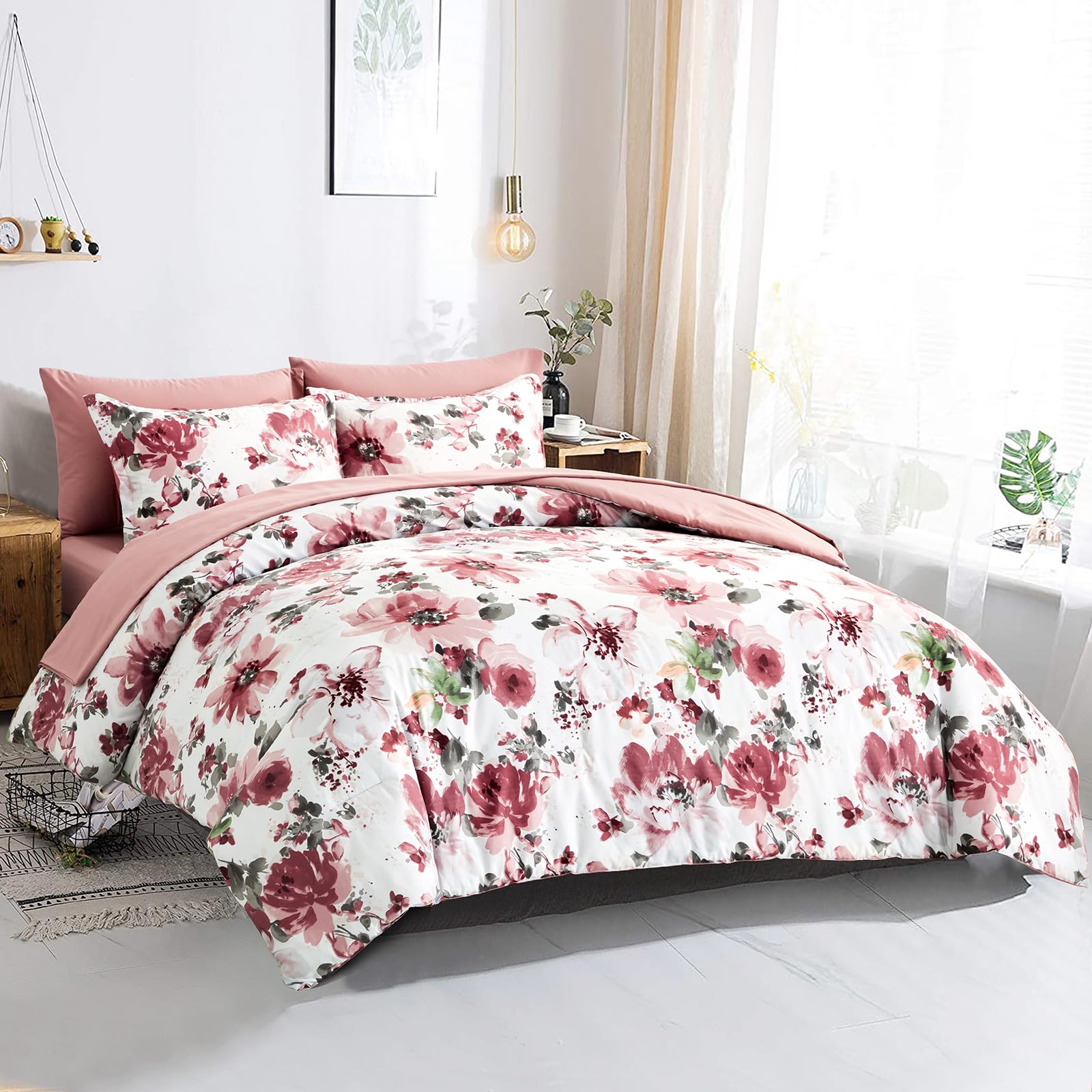 Floral Comforter Set Queen Size, Pink Flower Comforter 7 Pieces Bed in a Bag,Soft Microfiber Complete Bedding Set for All Season