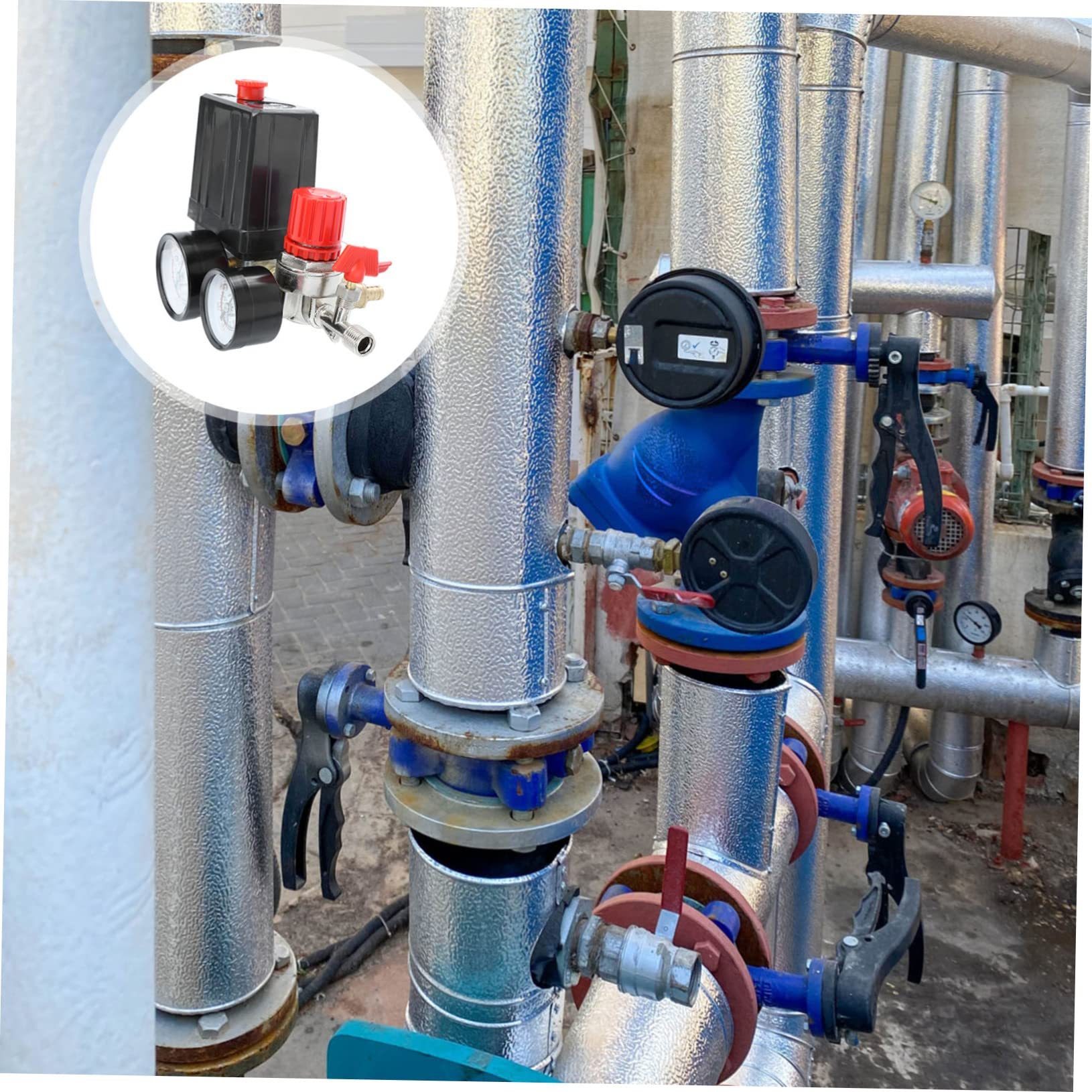 OSALADI Regolatore Sovrapressione a Pressione Compressore di 4 e D’aria Fori Manometro Valvola, Previene | Regolazione 0, 5-0, 8 Mpa, Nero Plastico e Ferro, per Gestione Pressione e Protezione da Sovrapressione