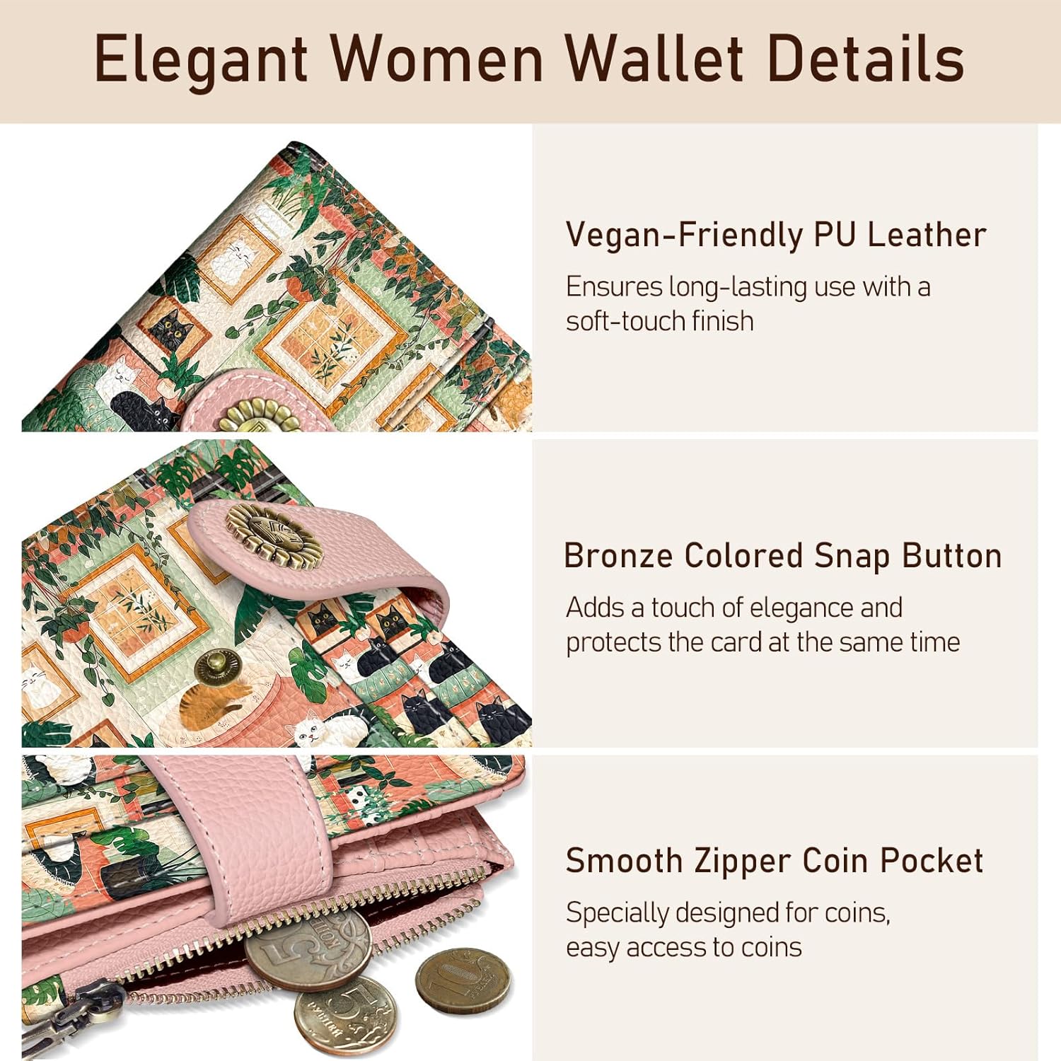 Cute Lovely Black Cats Small Rfid Women Wallet Bifold Zipper Coin Pocket PU Leather Compact Cash Travel Credit Card Holder for Female Ladies Teen Girls 1 ID Window 10 Card Slots - Image 6