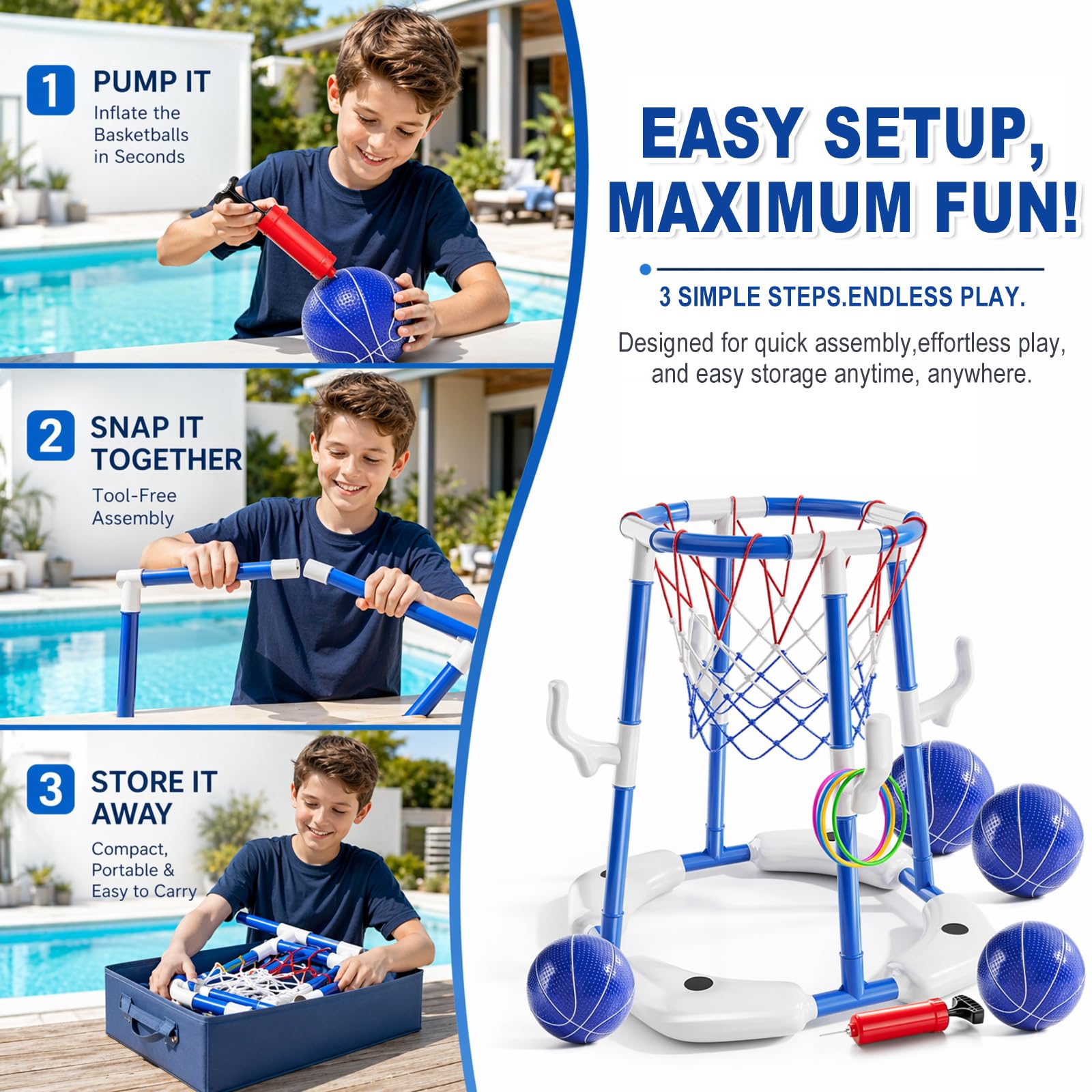 Pool Basketballkorb Schwimmender Basketballkorb mit 4 Bällen 12 Wurfringe Pumpe Aufblasbar Wasserspiel