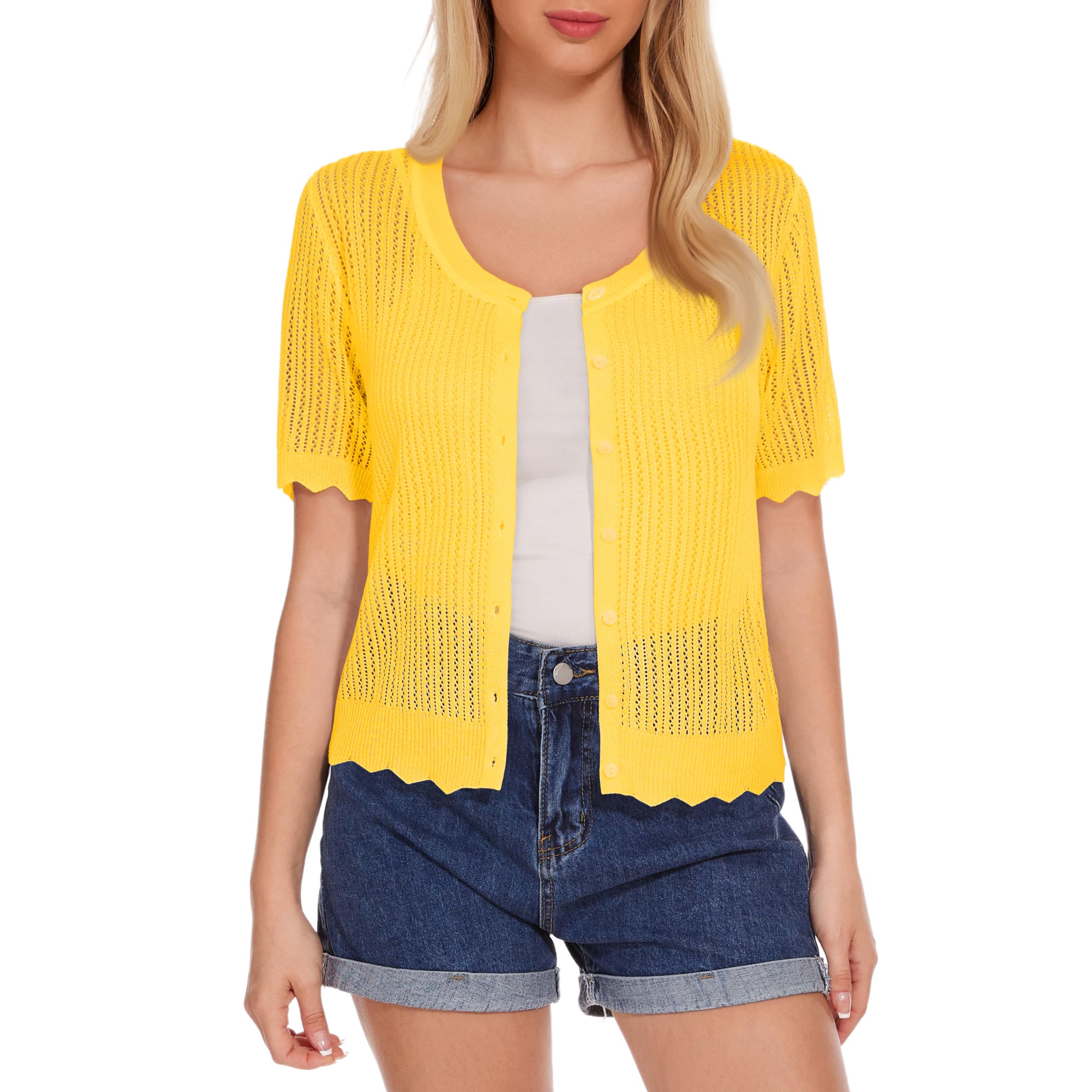 Women's Short Sleeve Summer Hollow Out Crew Neck Button Down Cardigan Sweater