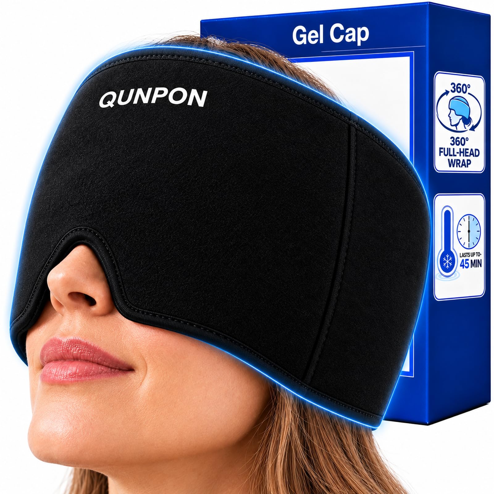 QUNPON Migraine Relief Cap for Headaches: 360° Cooling, Up to 45 Min
