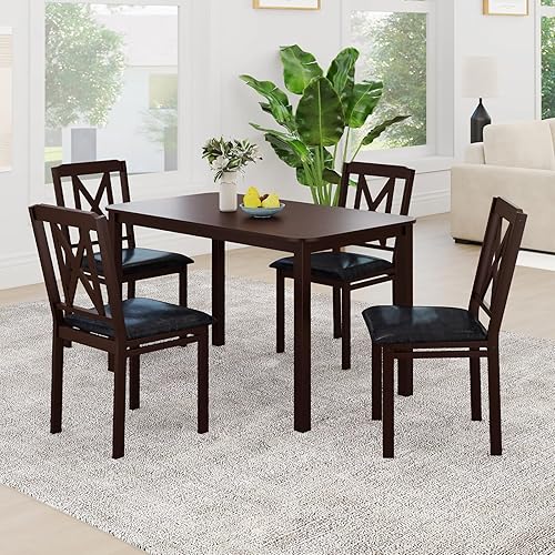 Giantex 5-Piece Dining Table Set for 4, 47" Rectangular Kitchen Table & 4 Chairs with Rubber Wood Legs, Upholstered Seat, Space-Saving Dinette Set for Small Spaces, Living Room, Apartment, Restaurant