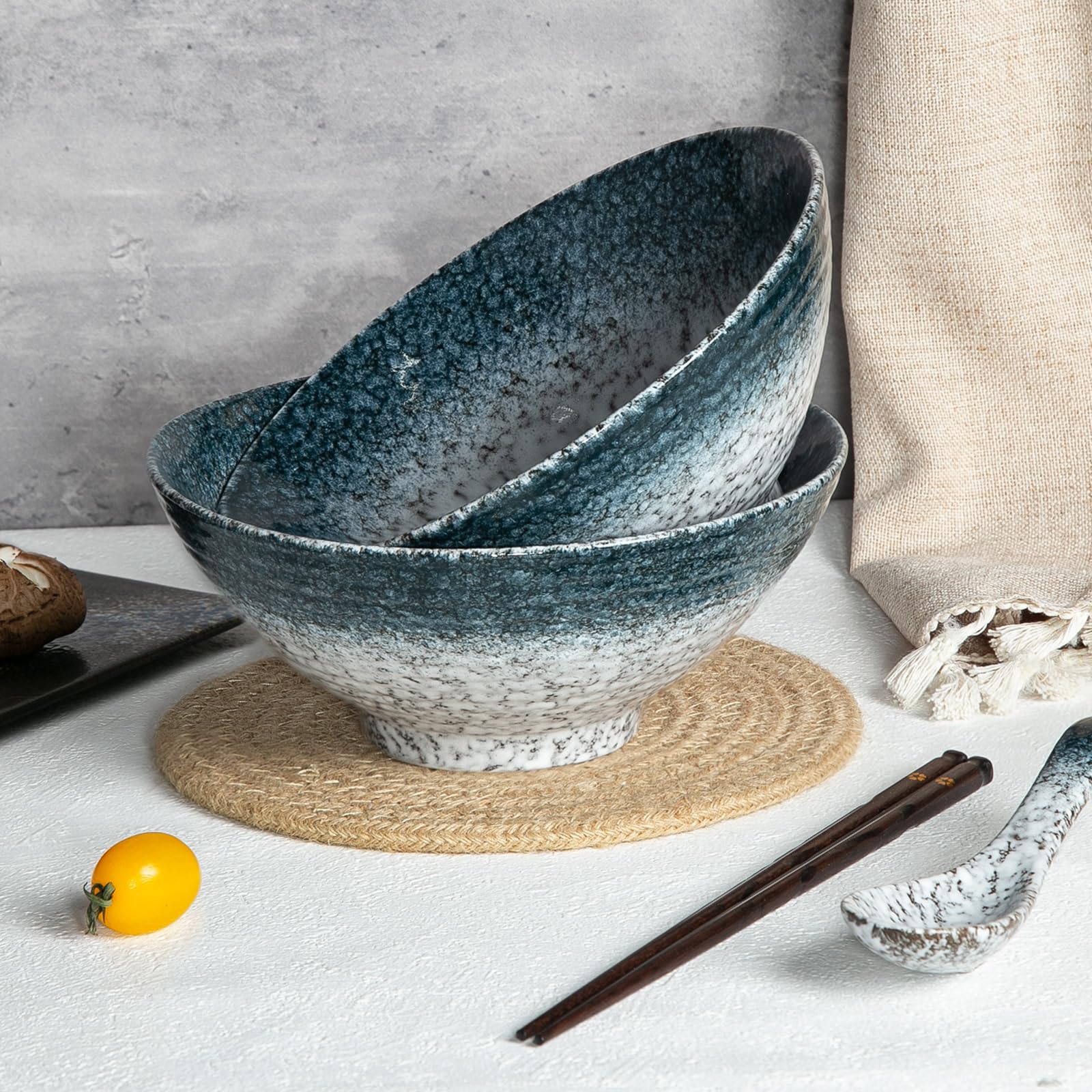 Juego de tazón de ramen de cerámica de 2 piezas Vajilla de porcelana de estilo japonés con palillos y cuchara (piedra)