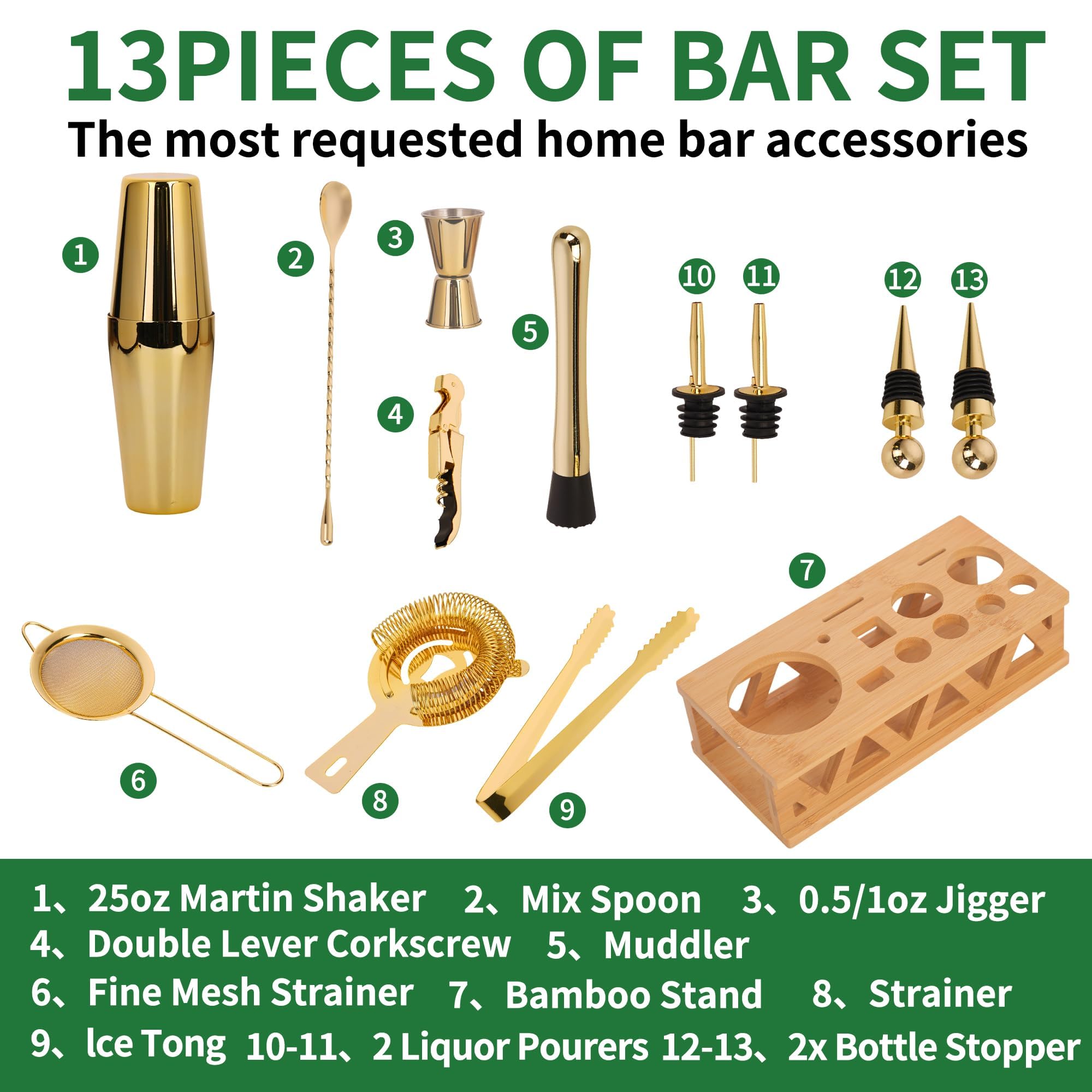 Kit de barman con soporte giratorio de bambú, juego de coctelera de 11 piezas de acero inoxidable con folleto de recetas (dorado)