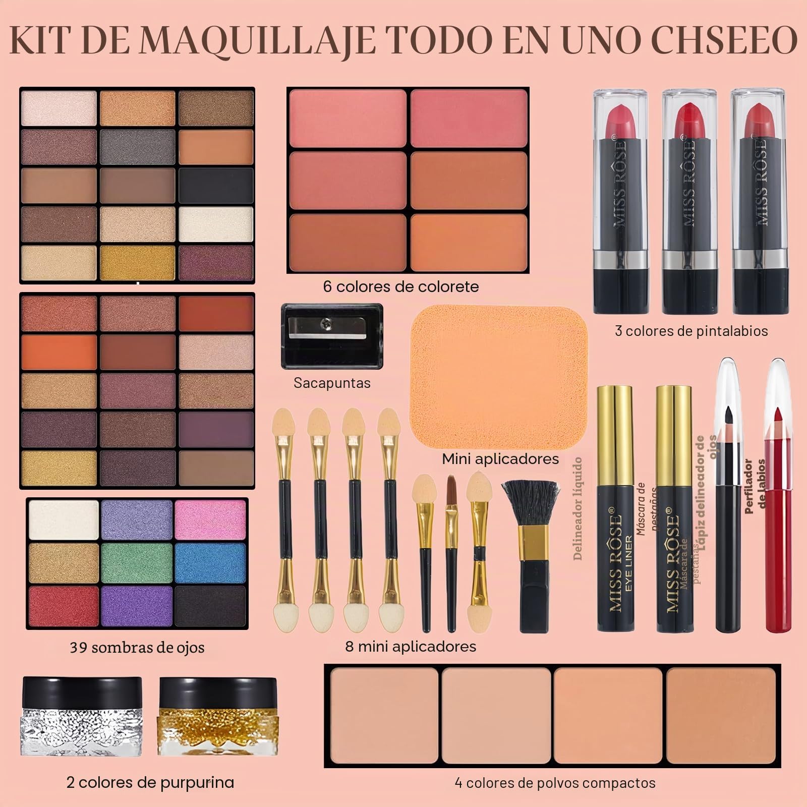 Calendario de Adviento 2024, juego de maquillaje, 39 colores, juego de regalo multifunción, selección de vacaciones, caja de belleza con paleta de sombras de ojos, pintalabios, colorete, rímel